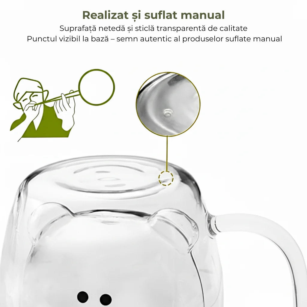 Cana termorezistenta Koken, sticla cu perete dublu 260ml, in forma de urs, sticla borosilicata, pentru bauturi calde/reci, Transparenta - 2 | YEO