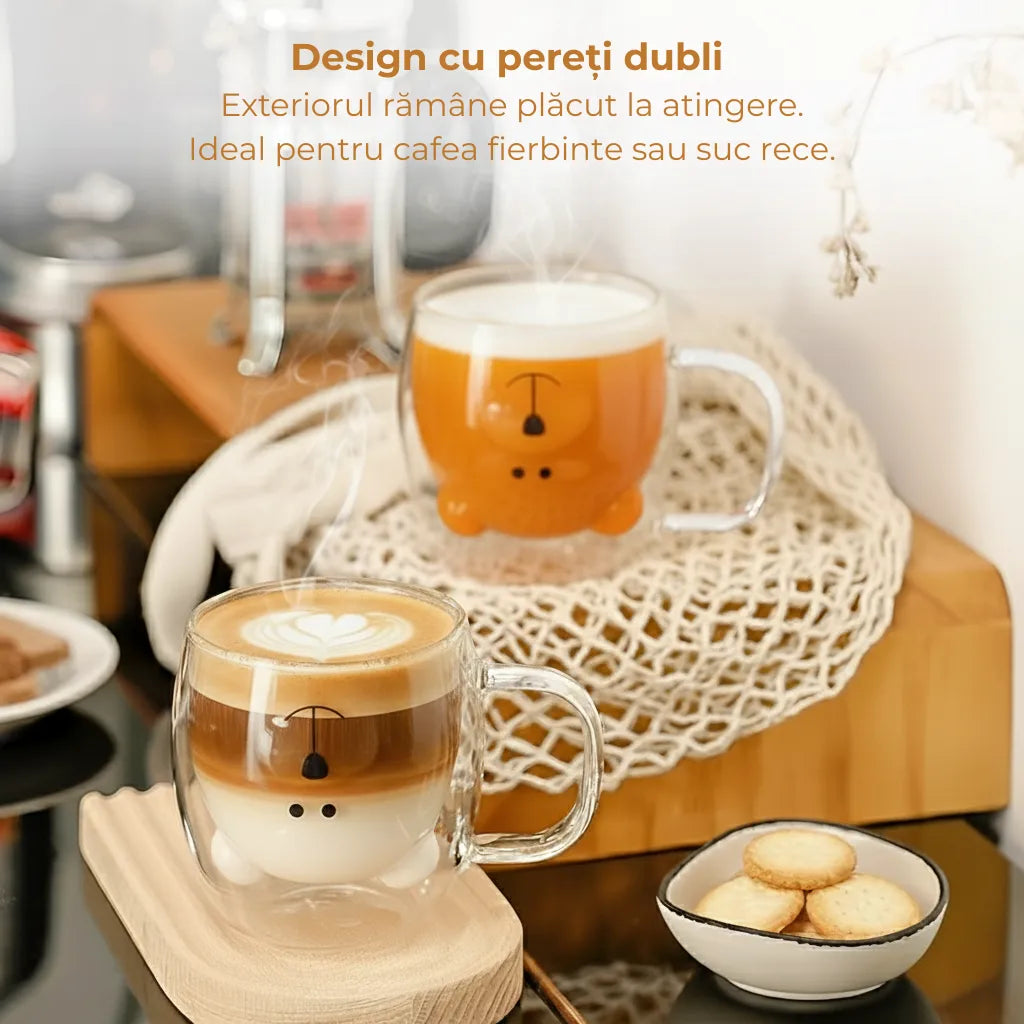 Cana termorezistenta Koken, sticla cu perete dublu 260ml, in forma de urs, sticla borosilicata, pentru bauturi calde/reci, Transparenta - 3 | YEO