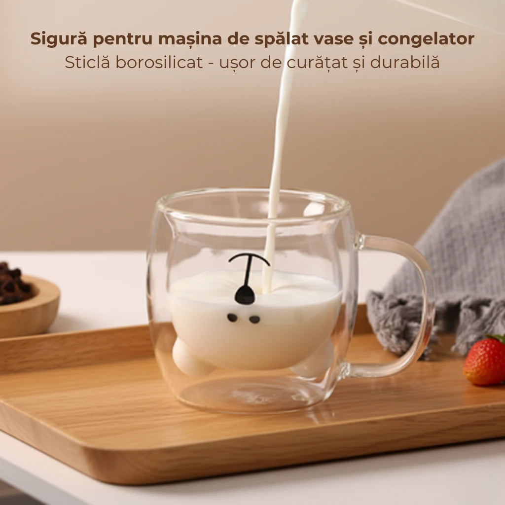 Cana termorezistenta Koken, sticla cu perete dublu 260ml, in forma de urs, sticla borosilicata, pentru bauturi calde/reci, Transparenta - 4 | YEO