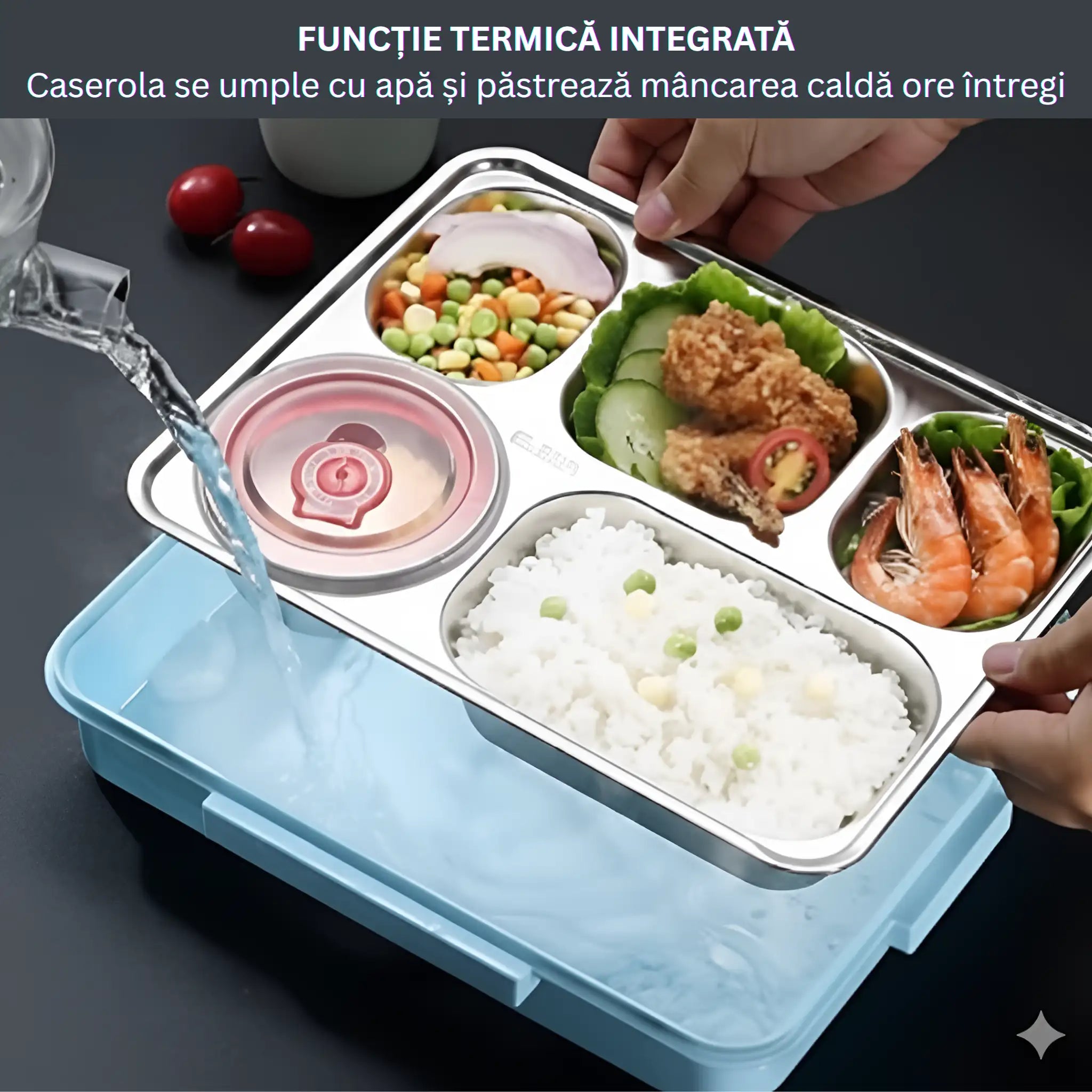 Caserola copii scoala cu 5 compartimente Koken, Cutie pentru pranz etansa, termica, volum 1L, Lunchbox cu tacamuri, 25x30cm, Verde/Roz - 5 | YEO