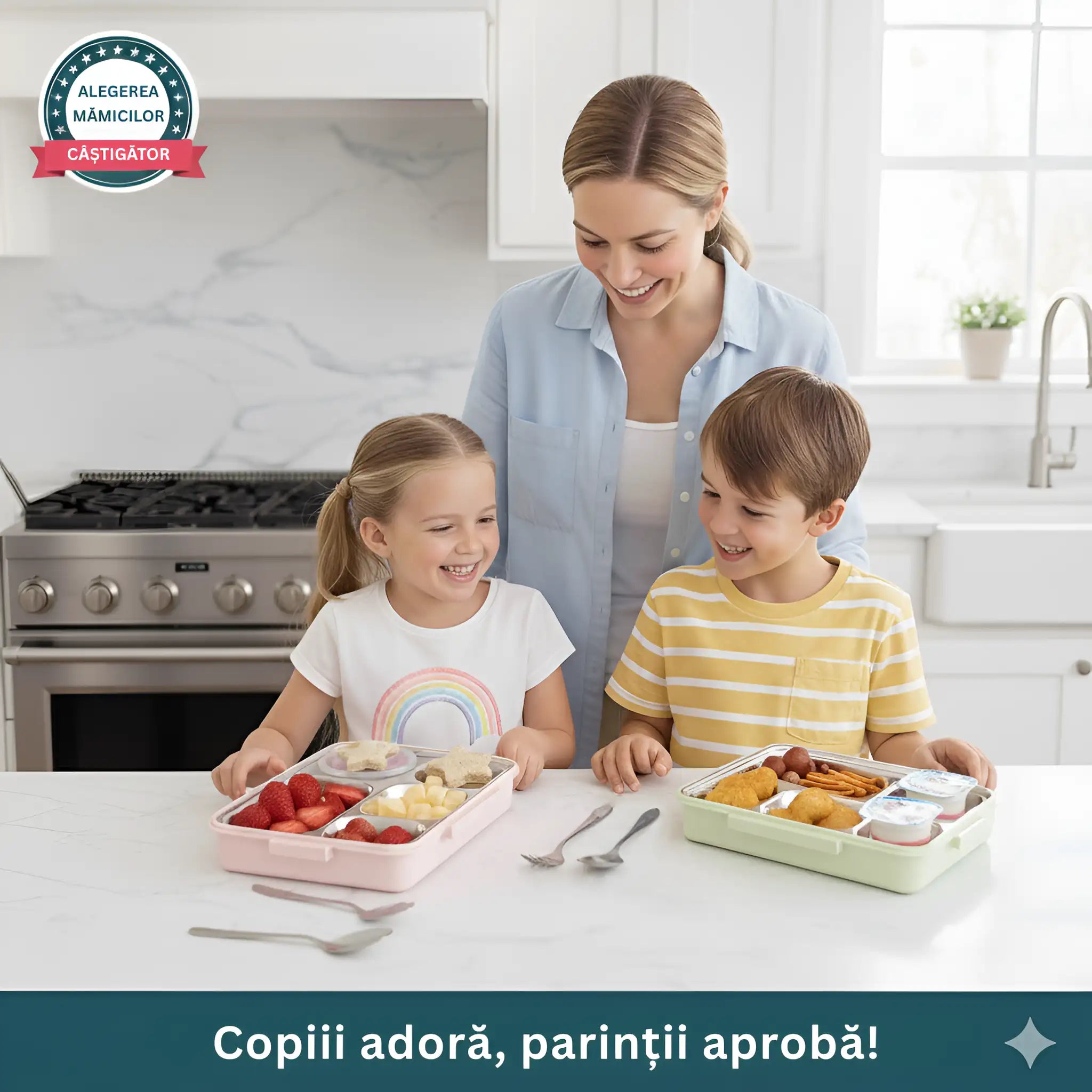 Caserola copii scoala cu 5 compartimente Koken, Cutie pentru pranz etansa, termica, volum 1L, Lunchbox cu tacamuri, 25x30cm, Verde/Roz - 2 | YEO