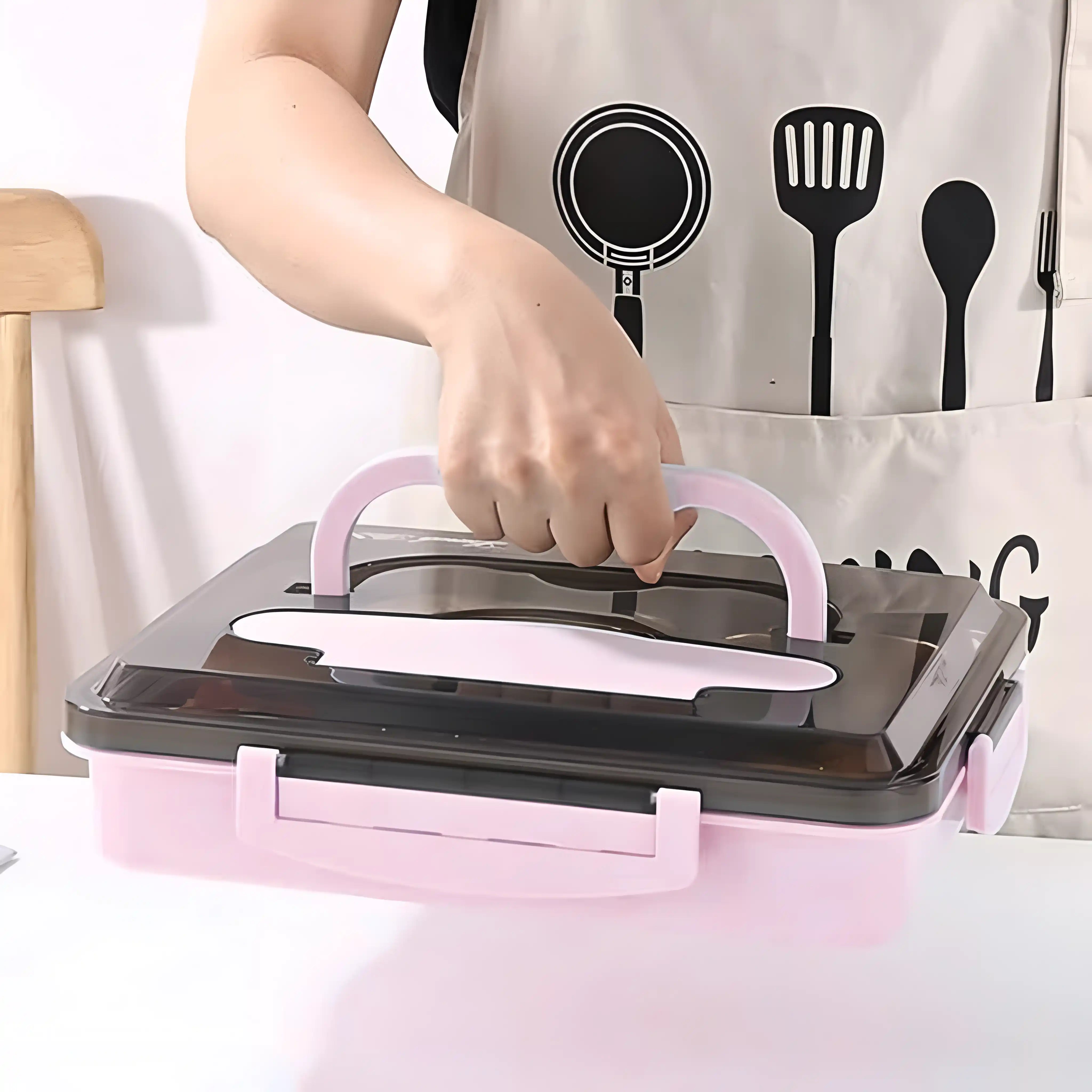 Caserola copii scoala cu 5 compartimente Koken, Cutie pentru pranz etansa, volum 1L, Lunchbox cu tacamuri, 25x30cm, Verde/Roz