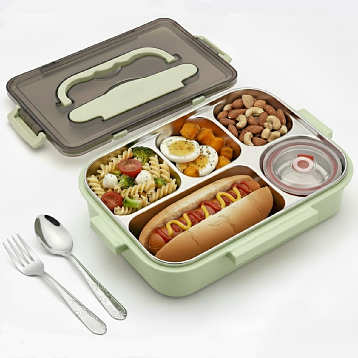 Caserola copii scoala cu 5 compartimente Koken, Cutie pentru pranz etansa, termica, volum 1L, Lunchbox cu tacamuri, 25x30cm, Verde/Roz