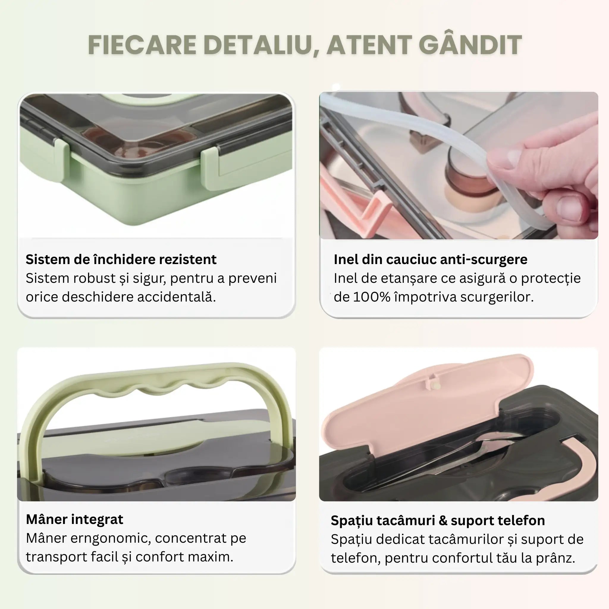 Caserola copii scoala cu 5 compartimente Koken, Cutie pentru pranz etansa, termica, volum 1L, Lunchbox cu tacamuri, 25x30cm, Verde/Roz - 4 | YEO
