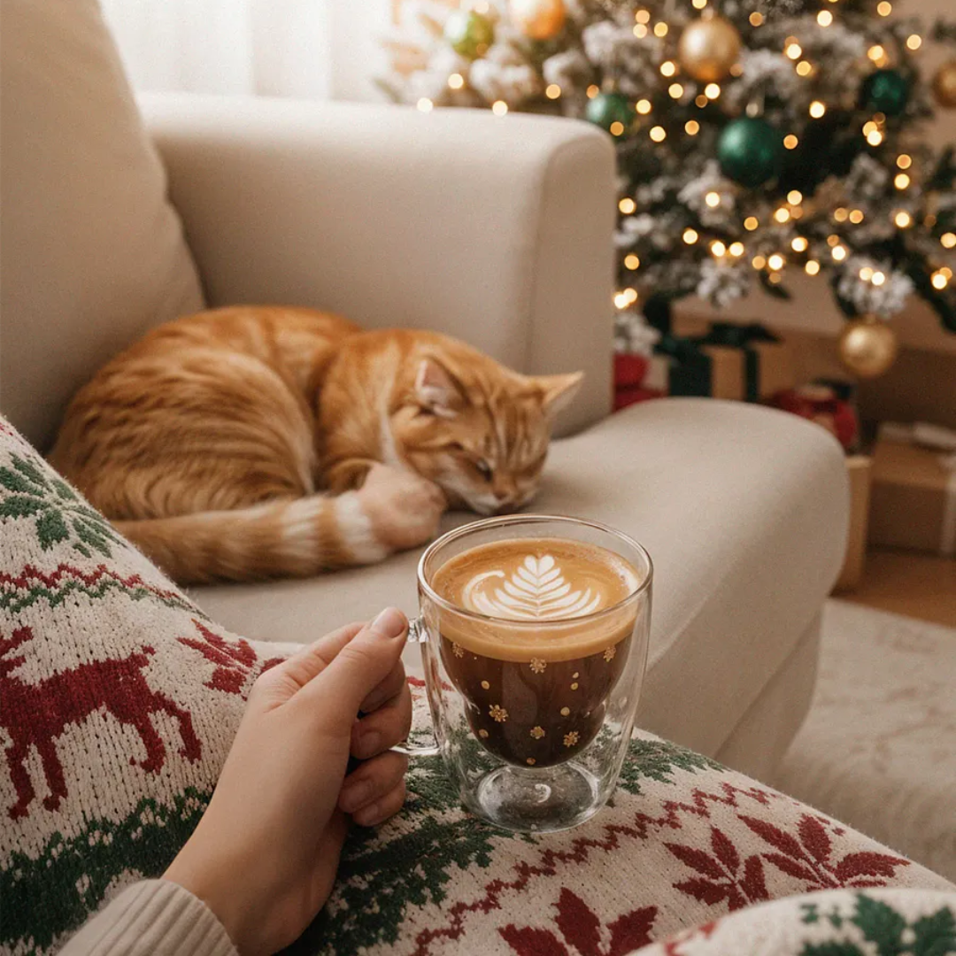 Cana cu tematica de Craciun, pentru ceai si cafea din sticla termorezistenta cu pereti dubli Koken, 320 ml, Sticla borosilicata, ceasca eleganta si transparenta