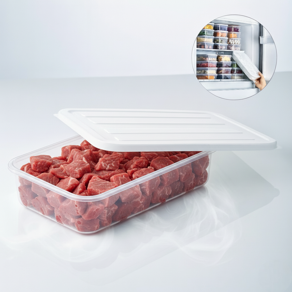 Recipient de depozitare alimente Koken, organizare frigider/congelator, etanșe, cutie cu capac, plastic fără BPA, rezistent la rece, 2.4 L, Transparent/Gri