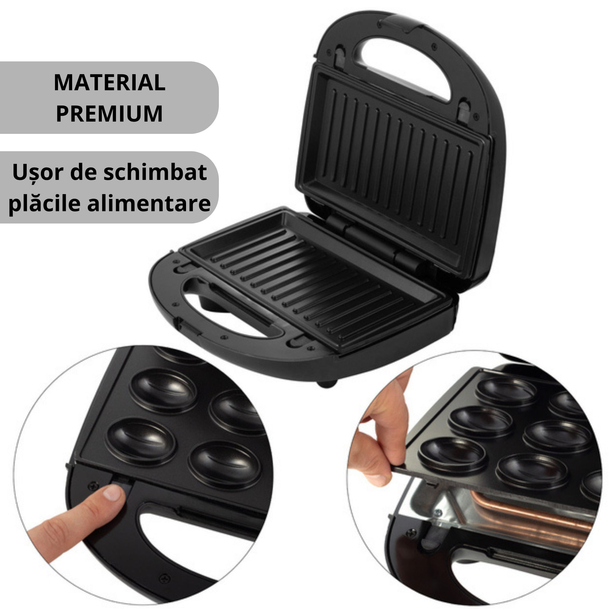 Gratar electric multifunctional Koken 5 in 1, 800W, placi detasabile antiaderente,indicator gatire, placi pentru carne/gogosi/sandwich/vafe/nucusoare,inox, negru - 2 | YEO