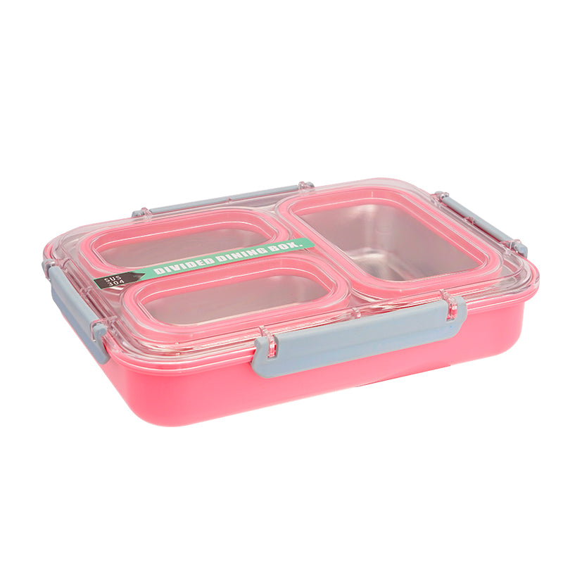 Cutie pentru pranz Koken, Lunch box Otel inoxidabil, Caserola copii scoala cu 3 Compartimente, 27,5 x 20,6 cm, Roz - 4 | YEO