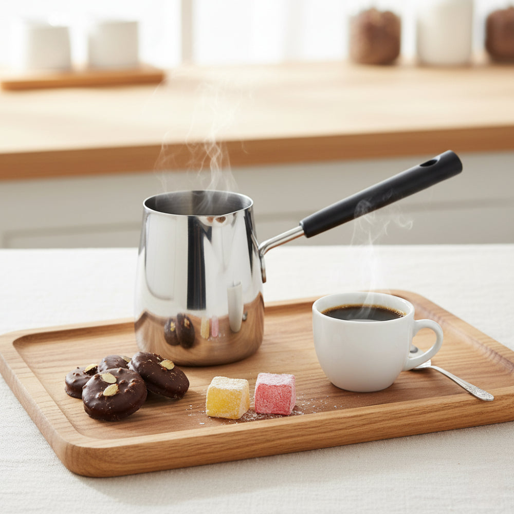 Ibric din Otel Inoxidabil pentru Cafea turceasca Koken, 1000ml, cu Maner, Usor de curatat, Oală Turcească pentru Cafea si Spumare Lapte, Dispozitiv Versatil de Topire