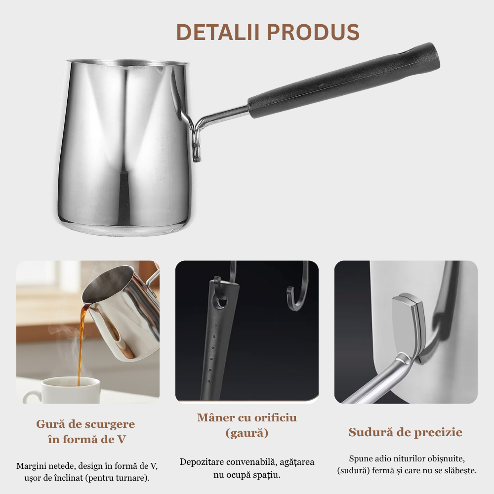 Ibric din Otel Inoxidabil pentru Cafea turceasca Koken, 1000ml, cu Maner, Usor de curatat, Oală Turcească pentru Cafea si Spumare Lapte, Dispozitiv Versatil de Topire - 1 | YEO