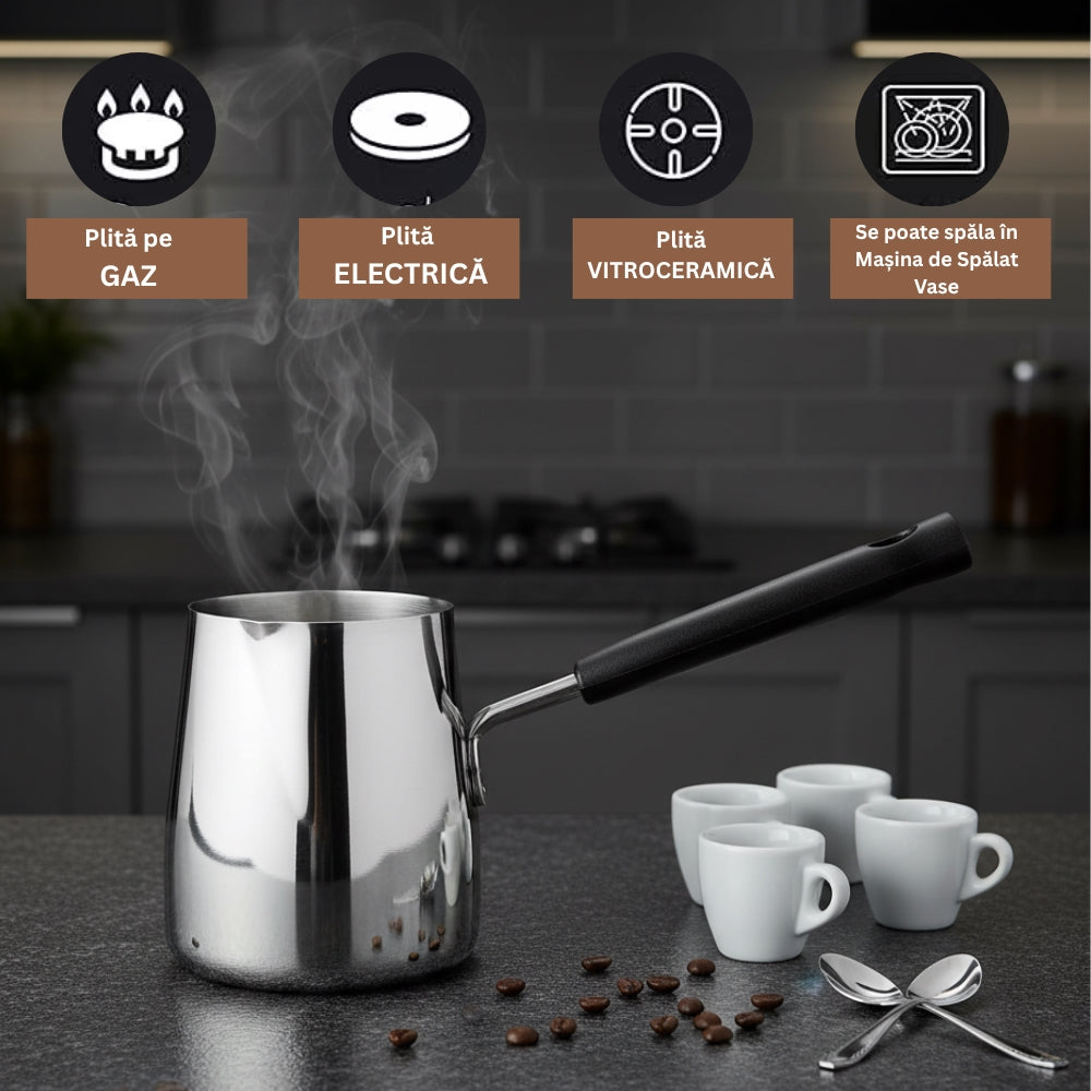 Ibric din Otel Inoxidabil pentru Cafea turceasca Koken, 1000ml, cu Maner, Usor de curatat, Oală Turcească pentru Cafea si Spumare Lapte, Dispozitiv Versatil de Topire - 2 | YEO