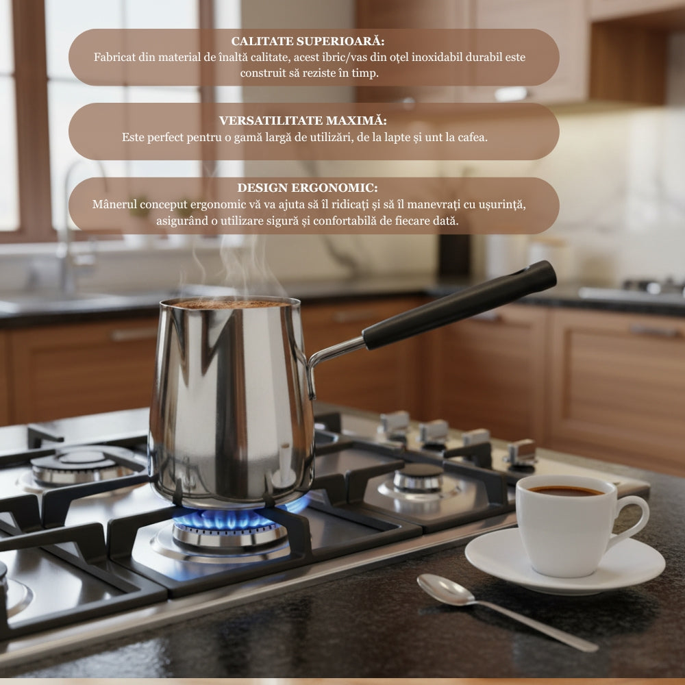 Ibric din Otel Inoxidabil pentru Cafea turceasca Koken, 1000ml, cu Maner, Usor de curatat, Oală Turcească pentru Cafea si Spumare Lapte, Dispozitiv Versatil de Topire - 3 | YEO