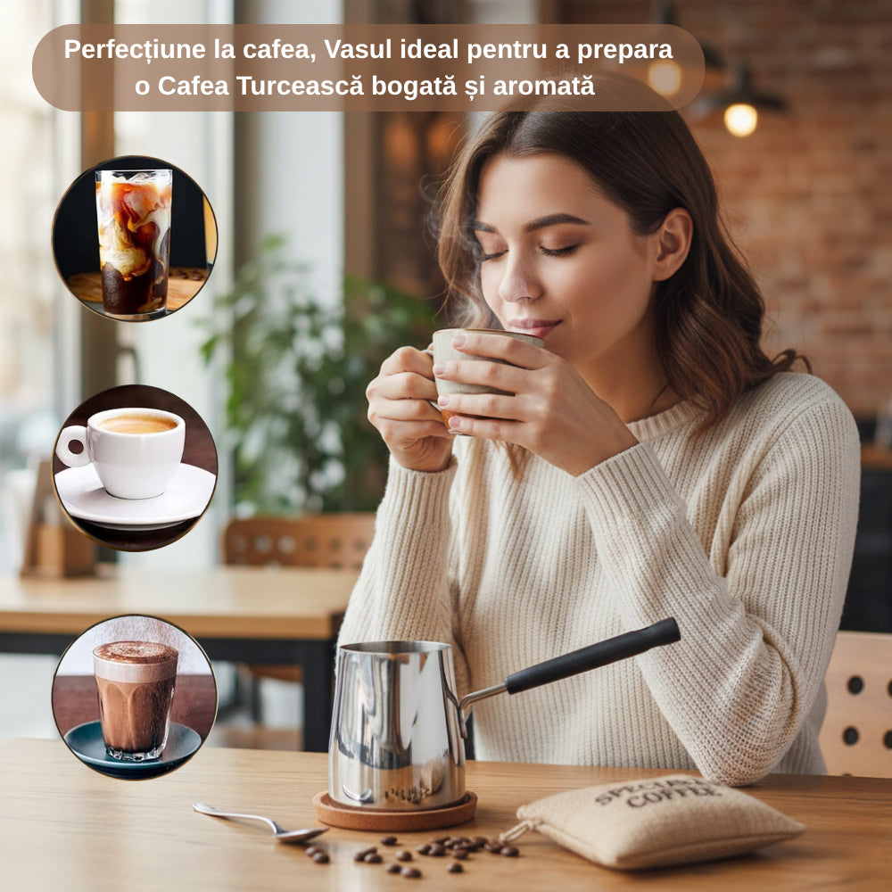 Ibric din Otel Inoxidabil pentru Cafea turceasca Koken, 1000ml, cu Maner, Usor de curatat, Oală Turcească pentru Cafea si Spumare Lapte, Dispozitiv Versatil de Topire - 5 | YEO