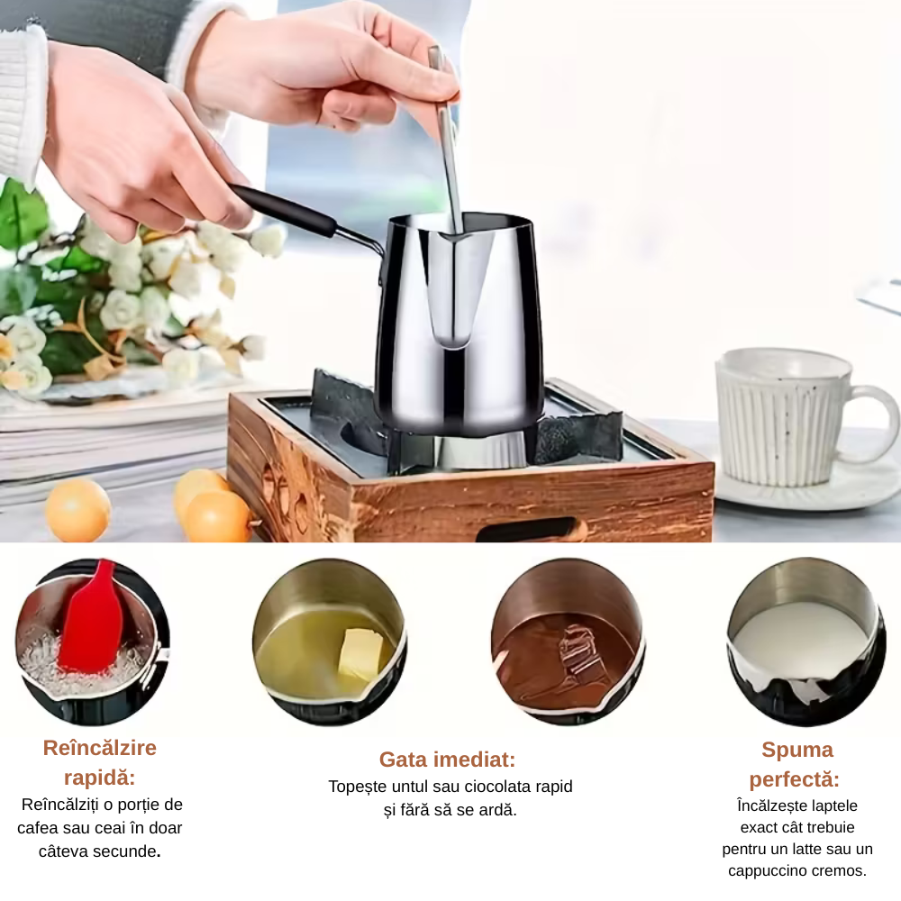 Ibric din Otel Inoxidabil pentru Cafea turceasca Koken, 1000ml, cu Maner, Usor de curatat, Oală Turcească pentru Cafea si Spumare Lapte, Dispozitiv Versatil de Topire - 6 | YEO
