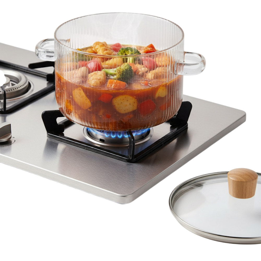 Oala din sticla borosilicata 3,5 L pentru aragaz, cu capac si manere Koken, Rezistenta termica 130 °C, Cratita Durabila, Sticla Transparenta/Lemn