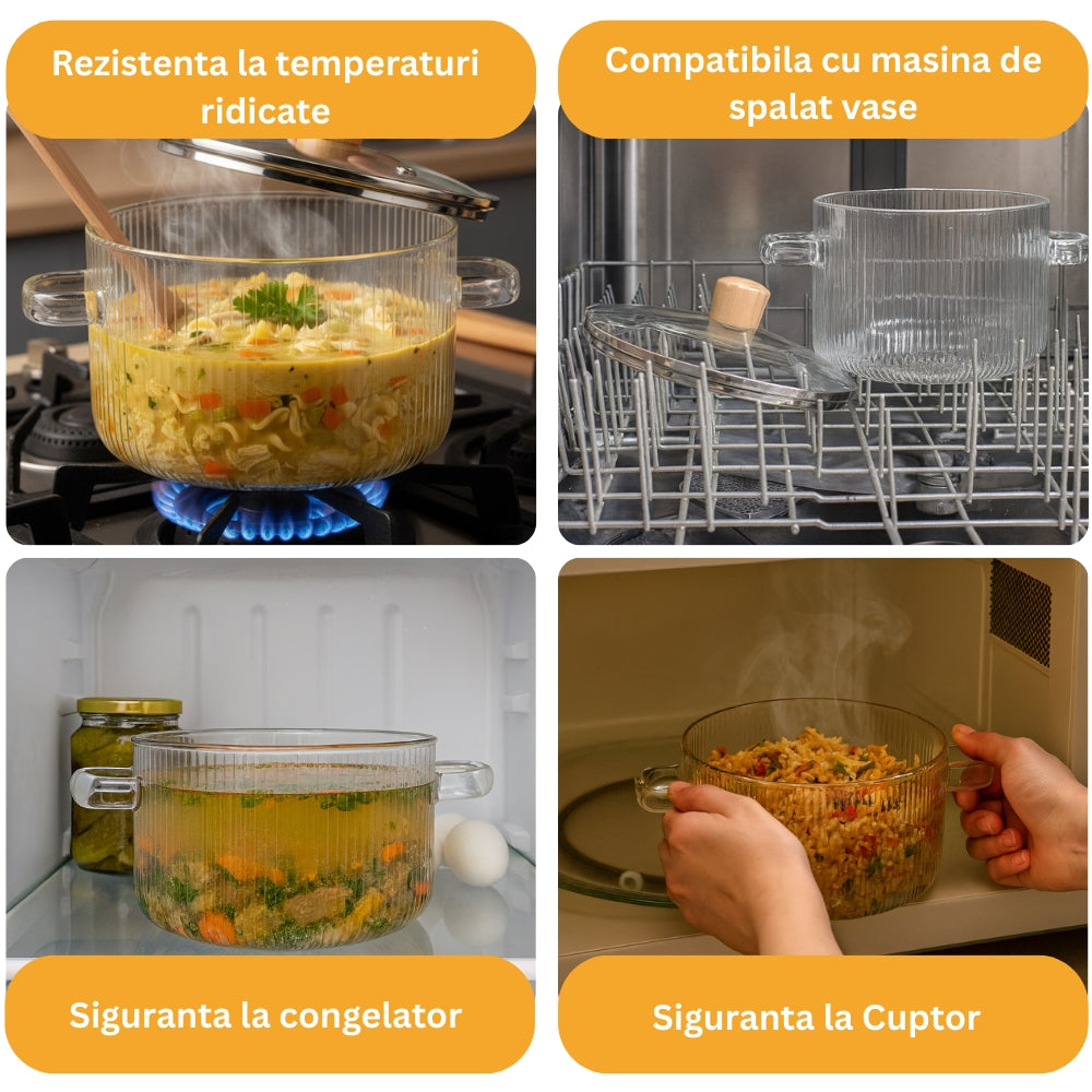 Oala din sticla borosilicata 3,5 L pentru aragaz, cu capac si manere Koken, Rezistenta termica 130 °C, Cratita Durabila, Sticla Transparenta/Lemn - 2 | YEO