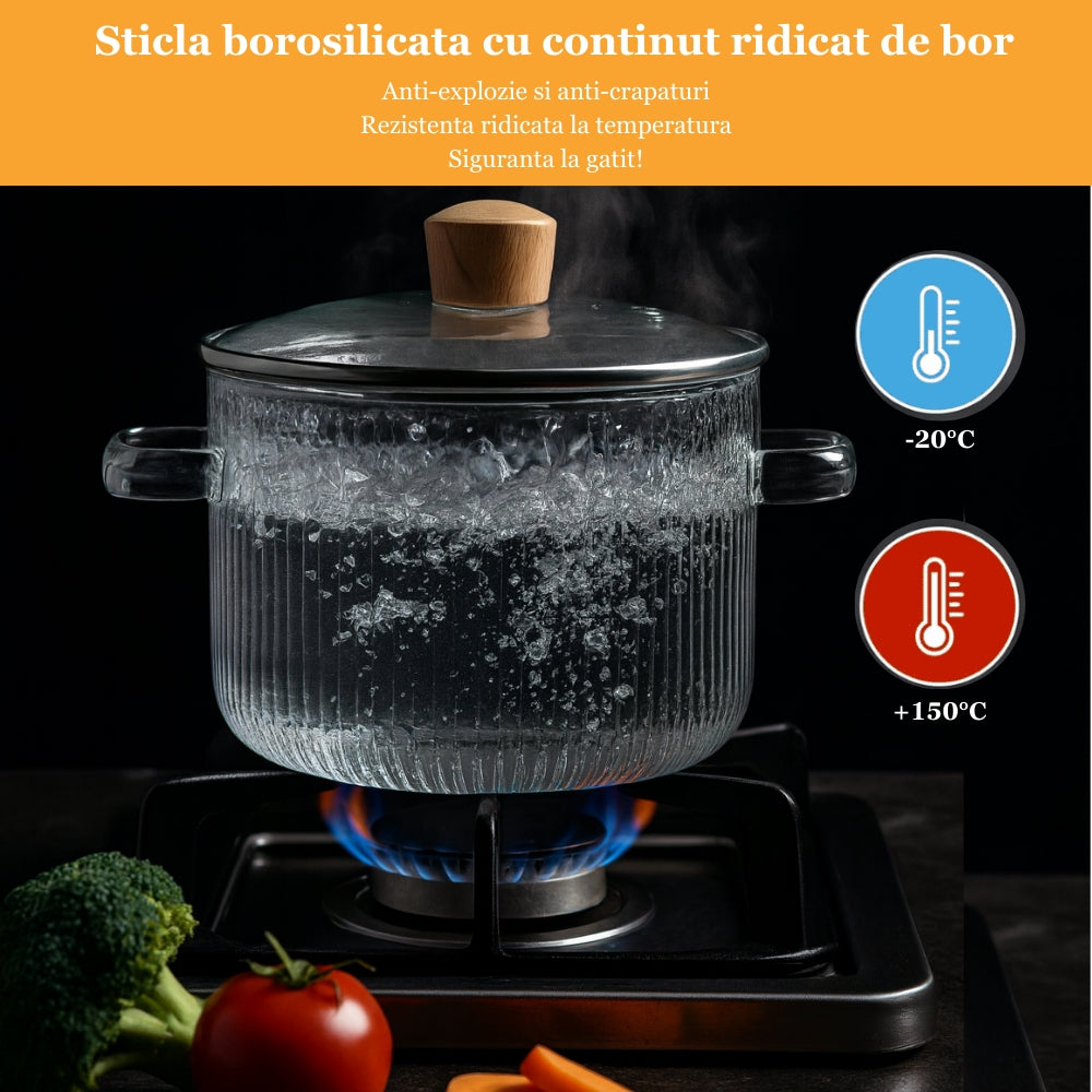 Oala din sticla borosilicata 3,5 L pentru aragaz, cu capac si manere Koken, Rezistenta termica 130 °C, Cratita Durabila, Sticla Transparenta/Lemn - 5 | YEO