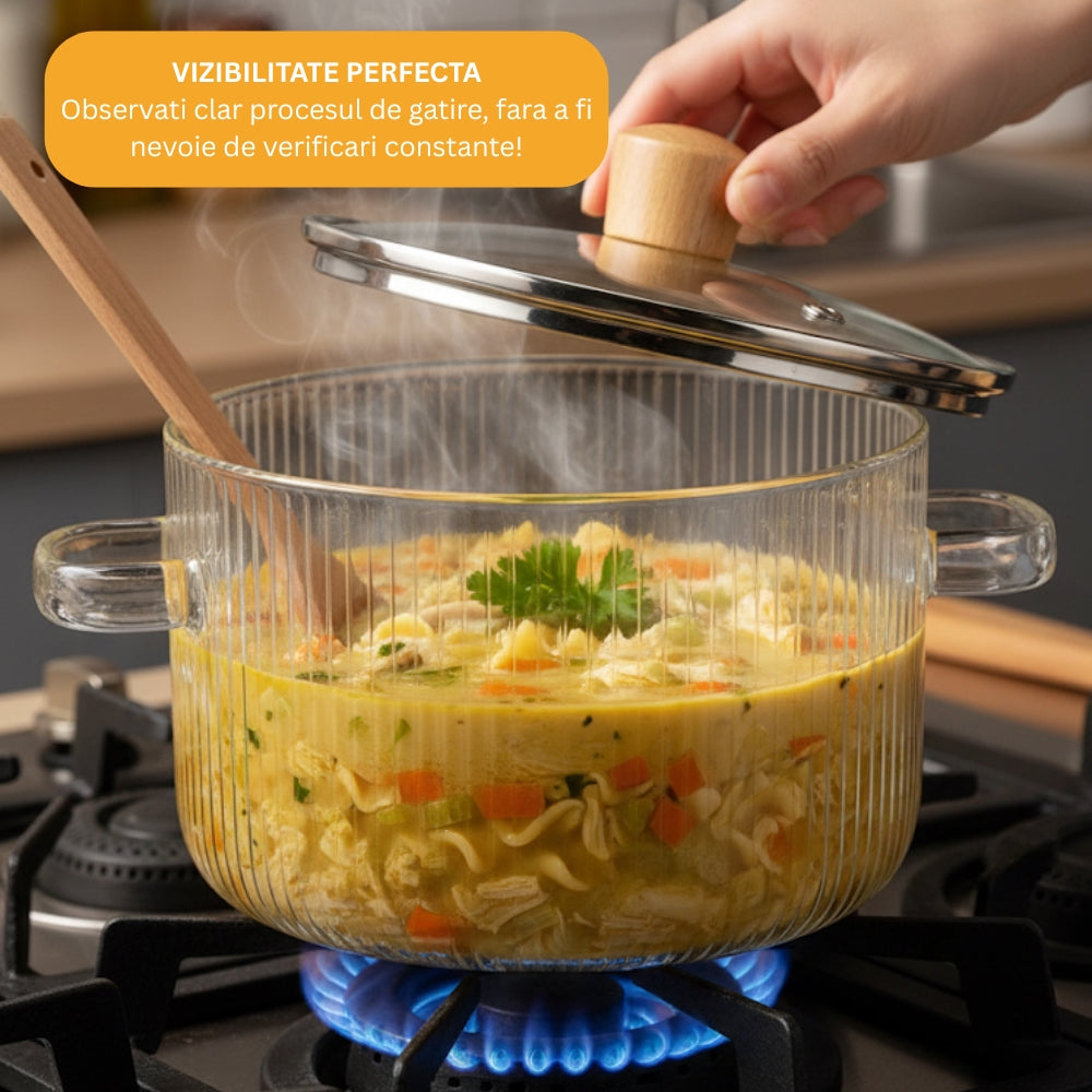 Oala din sticla borosilicata 3,5 L pentru aragaz, cu capac si manere Koken, Rezistenta termica 130 °C, Cratita Durabila, Sticla Transparenta/Lemn - 6 | YEO