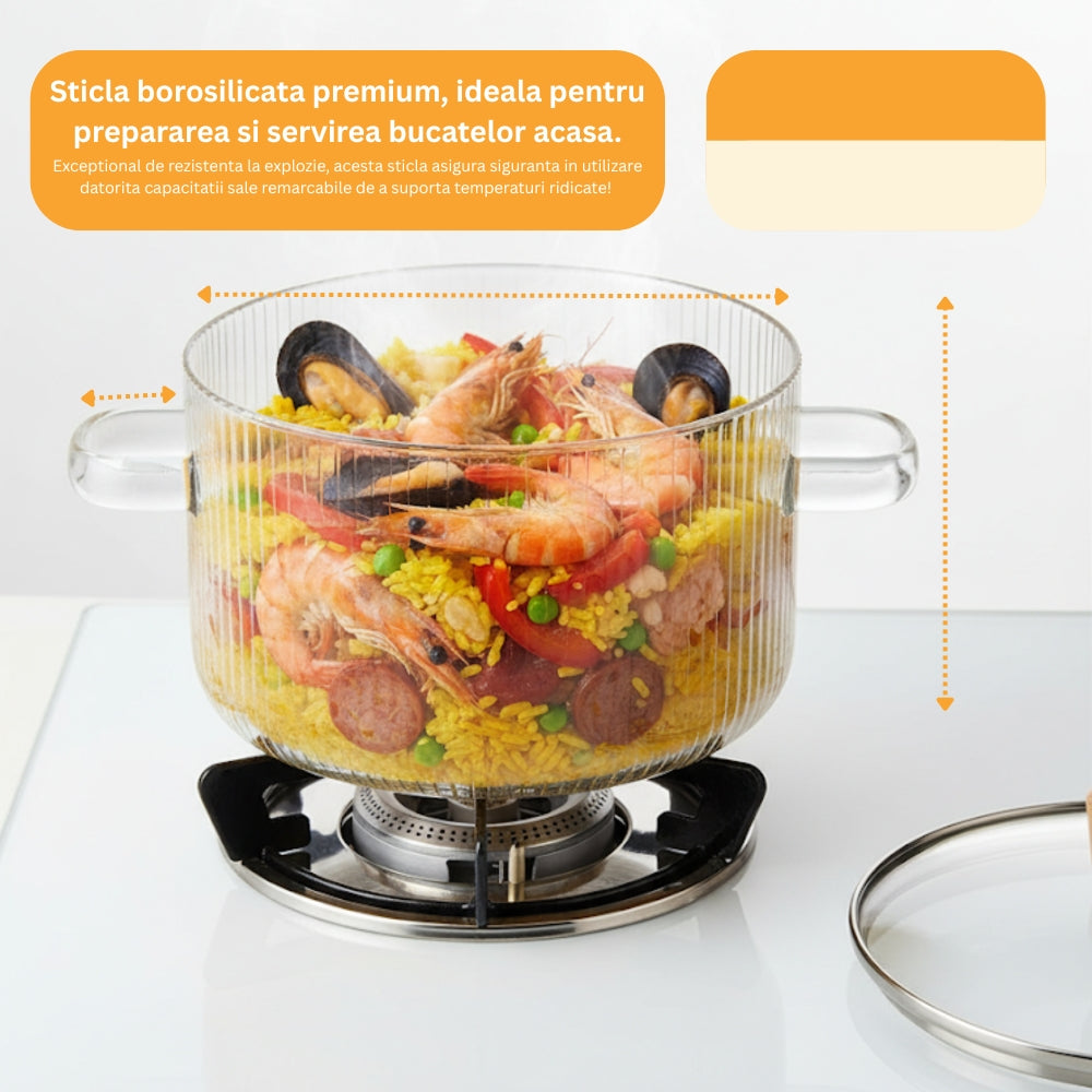 Oala din sticla borosilicata 3,5 L pentru aragaz, cu capac si manere Koken, Rezistenta termica 130 °C, Cratita Durabila, Sticla Transparenta/Lemn - 4 | YEO