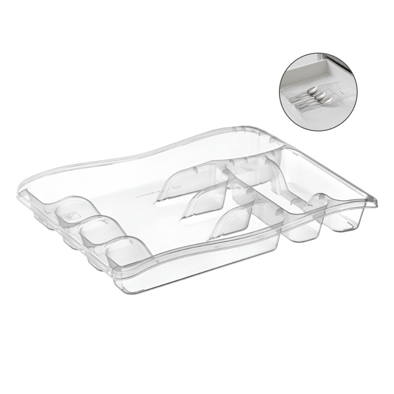 Organizator tacamuri si ustensile de bucatarie 6 compartimente pentru sertar Koken, suport pentru cutite 38.5x29x5cm, Plastic/Transparent