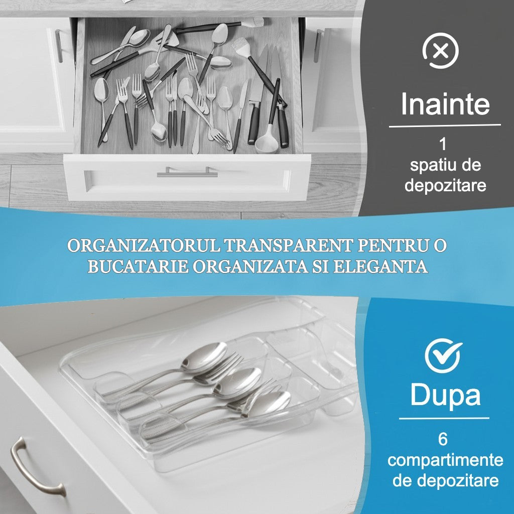 Organizator tacamuri si ustensile de bucatarie 6 compartimente pentru sertar Koken, suport pentru cutite 38.5x29x5cm, Plastic/Transparent