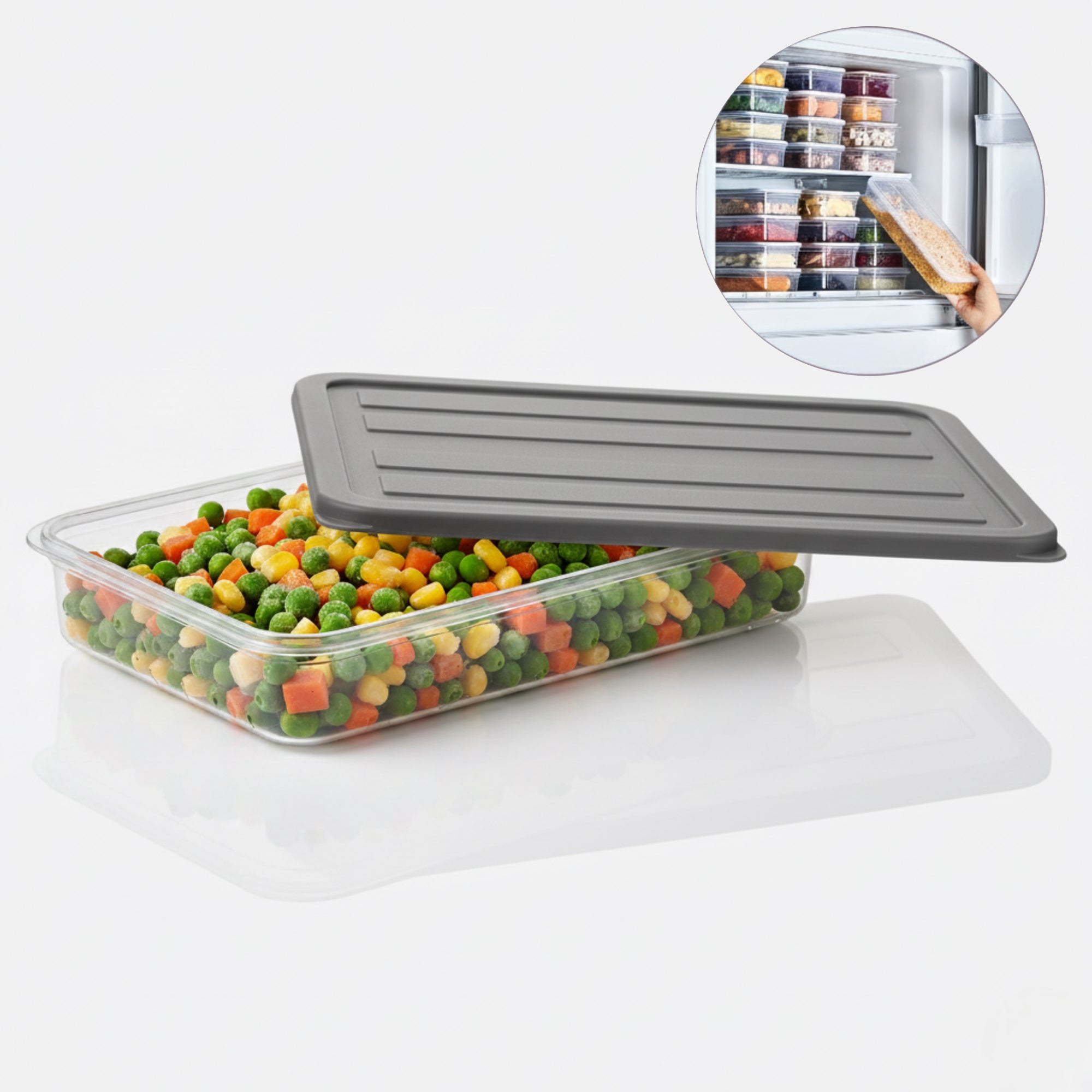 Recipient de depozitare alimente Koken, organizare frigider/congelator, etanșe, cutie cu capac, plastic fără BPA, rezistent la rece, 2.4 L, Transparent/Gri - 6 | YEO