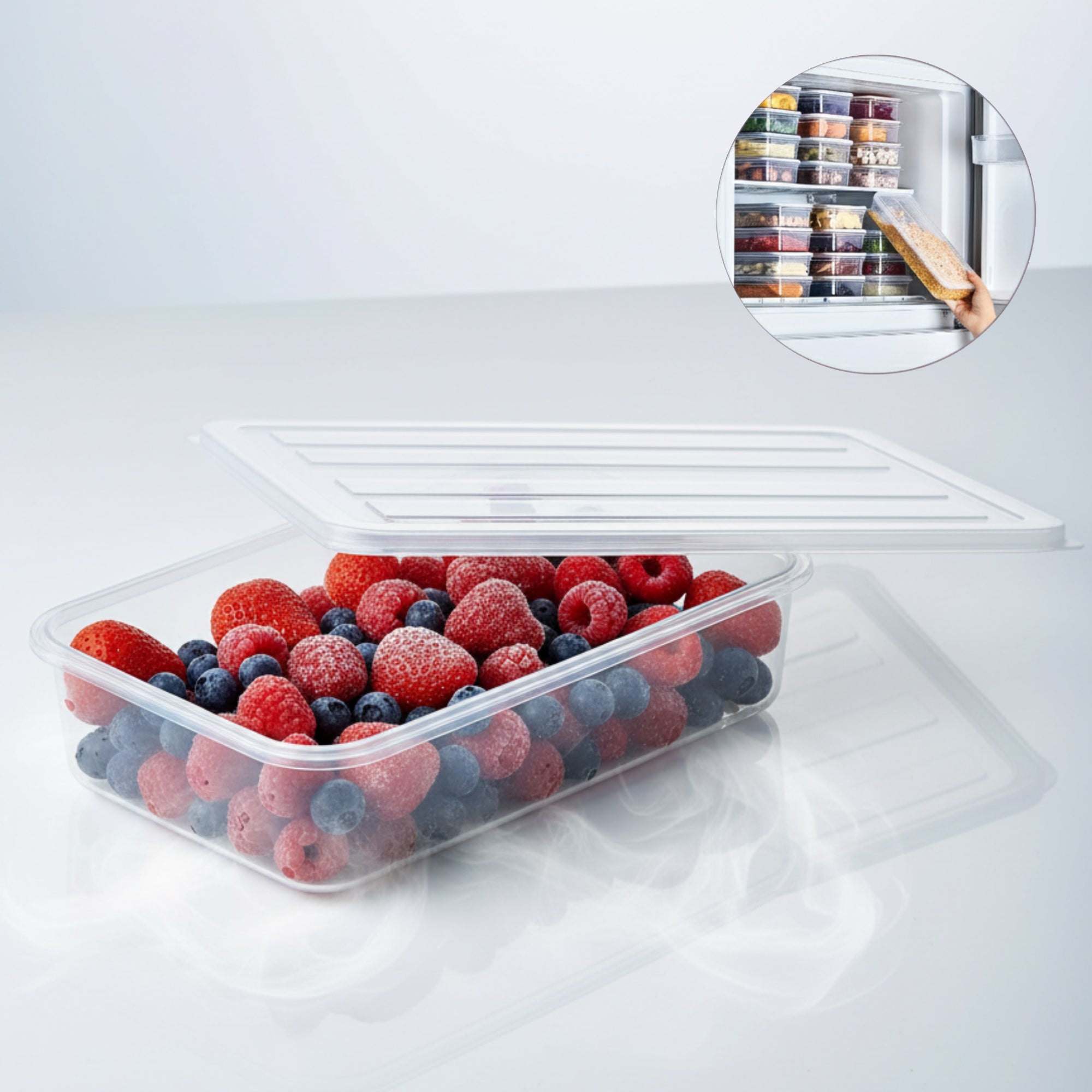 Recipient de depozitare alimente Koken, organizare frigider/congelator, etanșe, cutie cu capac, plastic fără BPA, rezistent la rece, 1.18 L, 2.4 L, Transparent/Gri