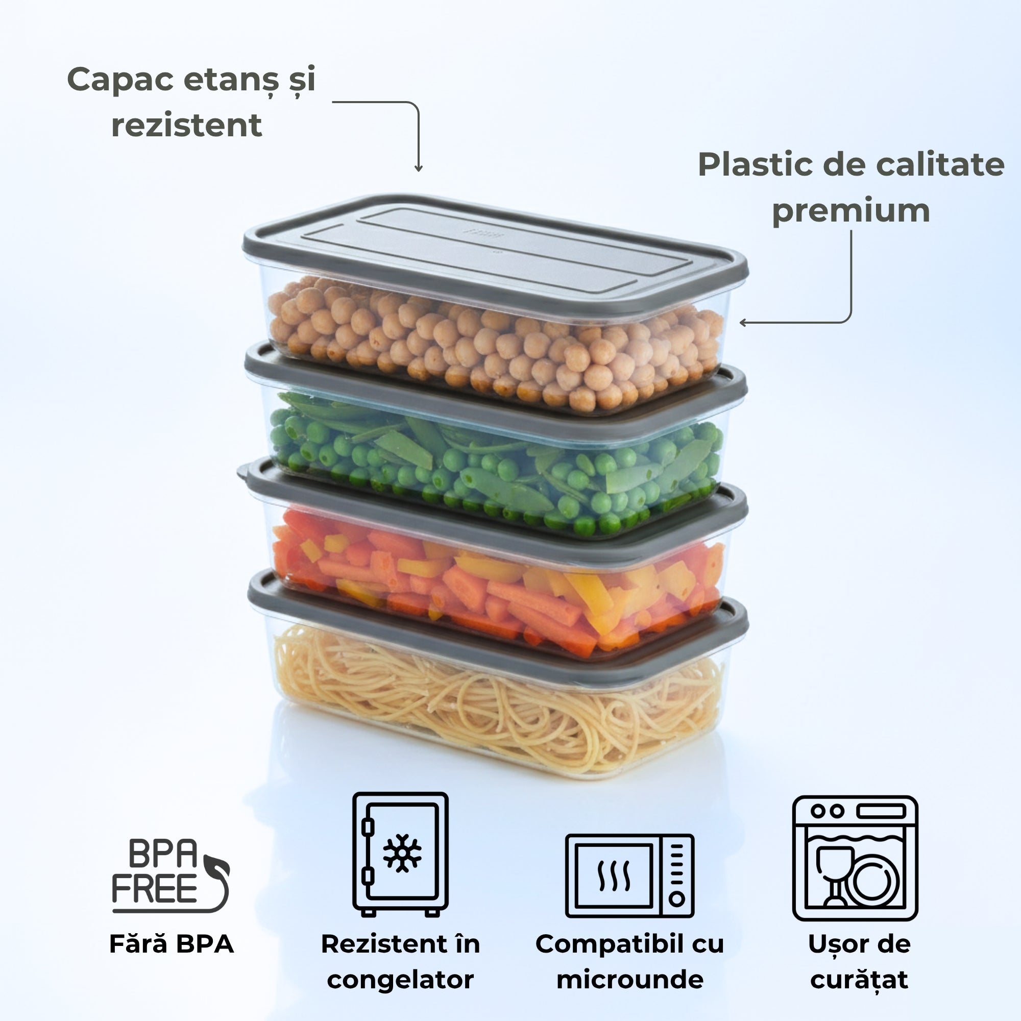 Recipient de depozitare alimente Koken, organizare frigider/congelator, etanșe, cutie cu capac, plastic fără BPA, rezistent la rece, 2.4 L, Transparent/Gri - 2 | YEO