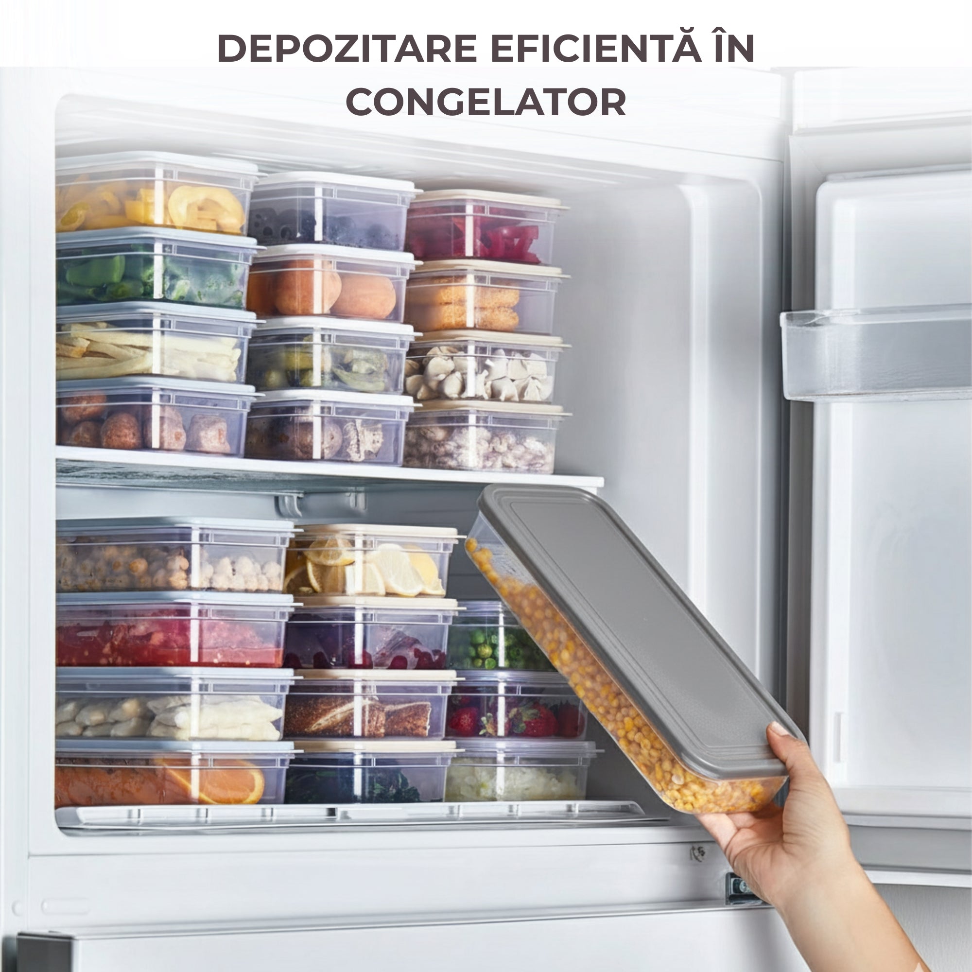 Recipient de depozitare alimente Koken, organizare frigider/congelator, etanșe, cutie cu capac, plastic fără BPA, rezistent la rece, 2.4 L, Transparent/Gri - 3 | YEO