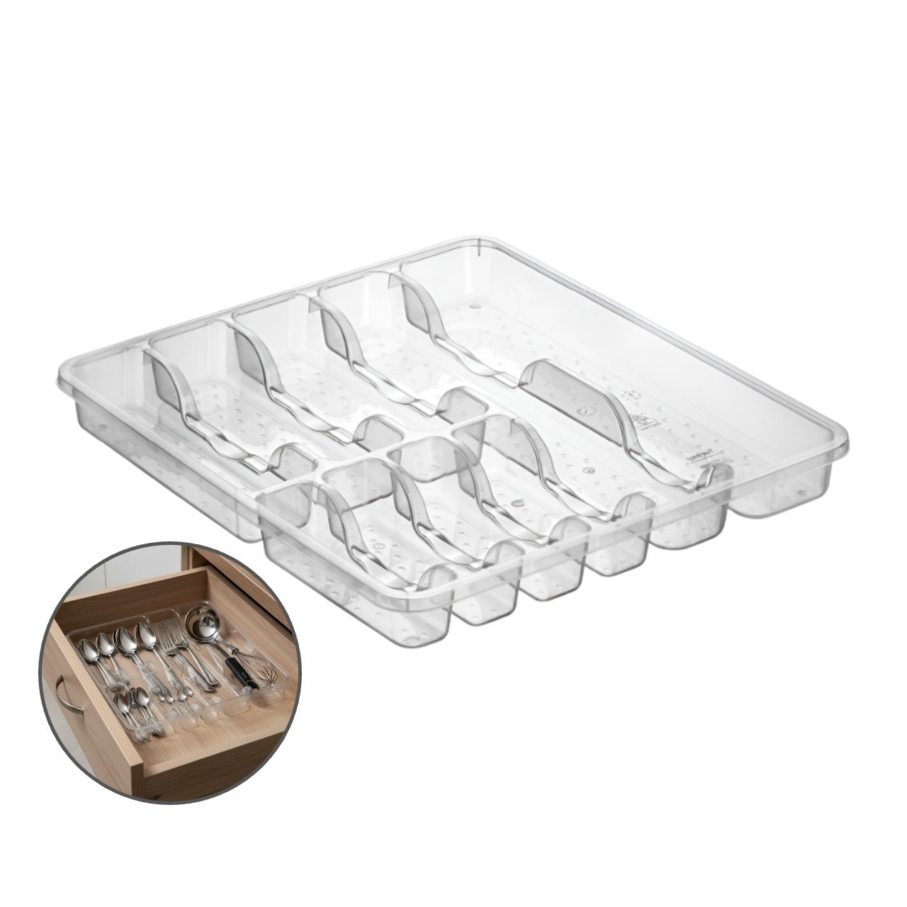 Organizator tacamuri si ustensile de bucatarie, 9 compartimente pentru sertar Koken, suport cutite, 43x39x5cm, Plastic/ Transparent