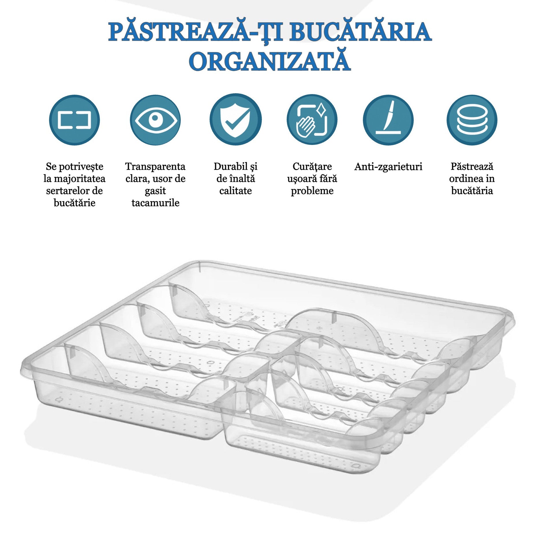 Organizator tacamuri si ustensile de bucatarie, 9 compartimente pentru sertar Koken, suport cutite, 43x39x5cm, Plastic/ Transparent - 2 | YEO