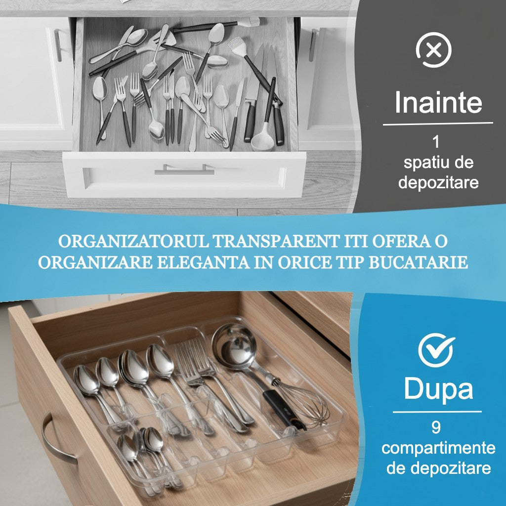 Organizator tacamuri si ustensile de bucatarie, 9 compartimente pentru sertar Koken, suport cutite, 43x39x5cm, Plastic/ Transparent - 3 | YEO