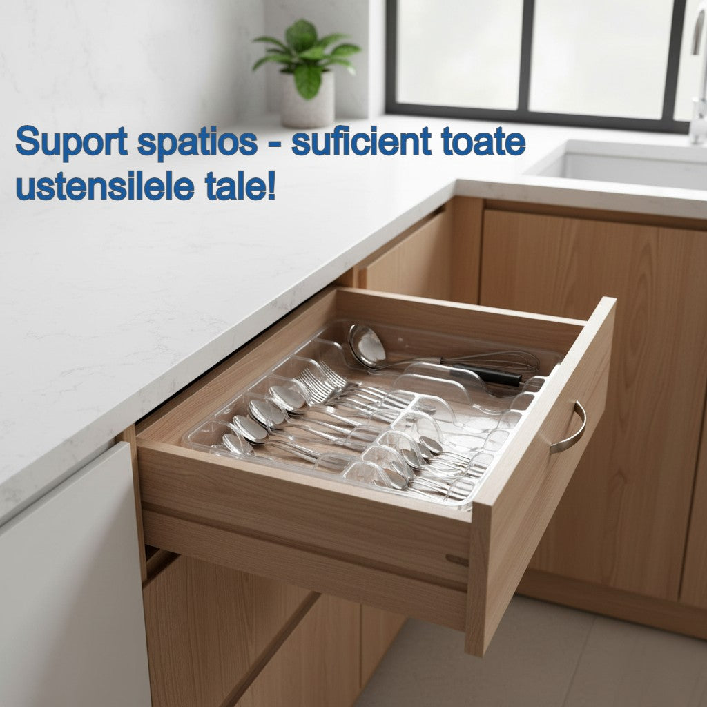 Organizator tacamuri si ustensile de bucatarie, 9 compartimente pentru sertar Koken, suport cutite, 43x39x5cm, Plastic/ Transparent - 4 | YEO