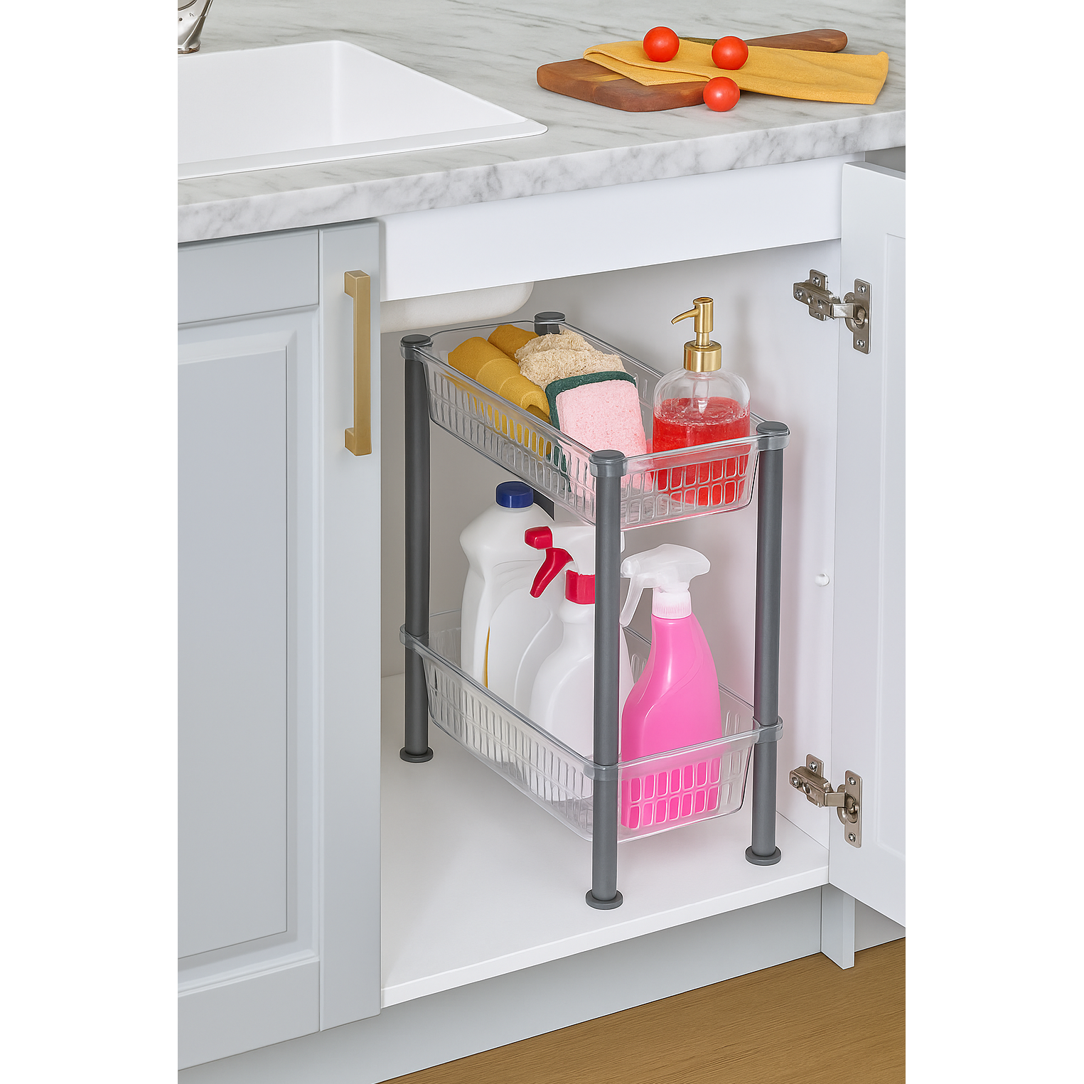 Organizator cu 2 nivele pentru bucatarie/baie Koken, Montaj sub chiuveta, dulap, baie, Raft organizator Slim 19.5x40x45.5 cm, Organizare Bucatarie si Baie, Plastic, Transparent/Gri