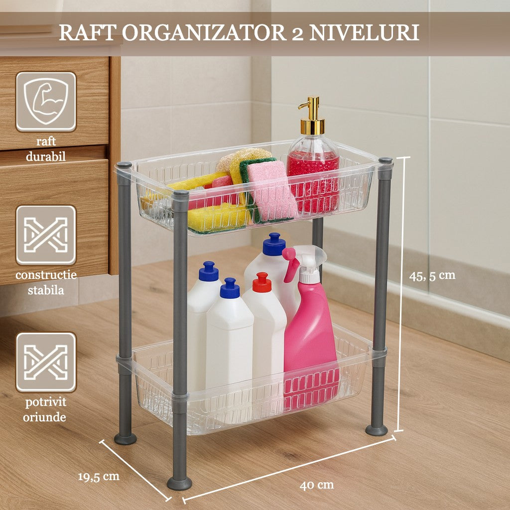 Organizator cu 2 nivele pentru bucatarie/baie Koken, Montaj sub chiuveta, dulap, baie, Raft organizator Slim 19.5x40x45.5 cm, Organizare Bucatarie si Baie, Plastic, Transparent/Gri - 1 | YEO