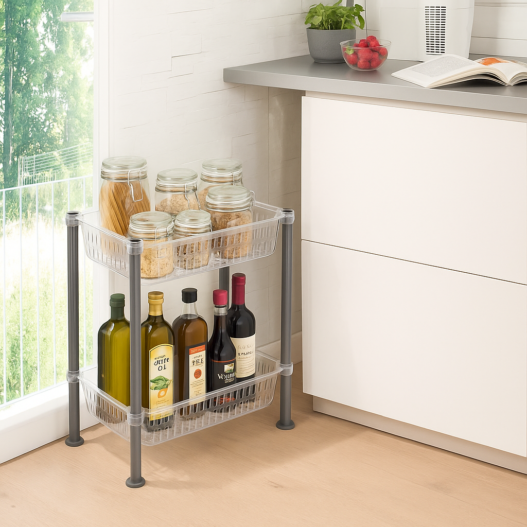 Organizator cu 2 nivele pentru bucatarie/baie Koken, Montaj sub chiuveta, dulap, baie, Raft organizator Slim 19.5x40x45.5 cm, Organizare Bucatarie si Baie, Plastic, Transparent/Gri - 2 | YEO