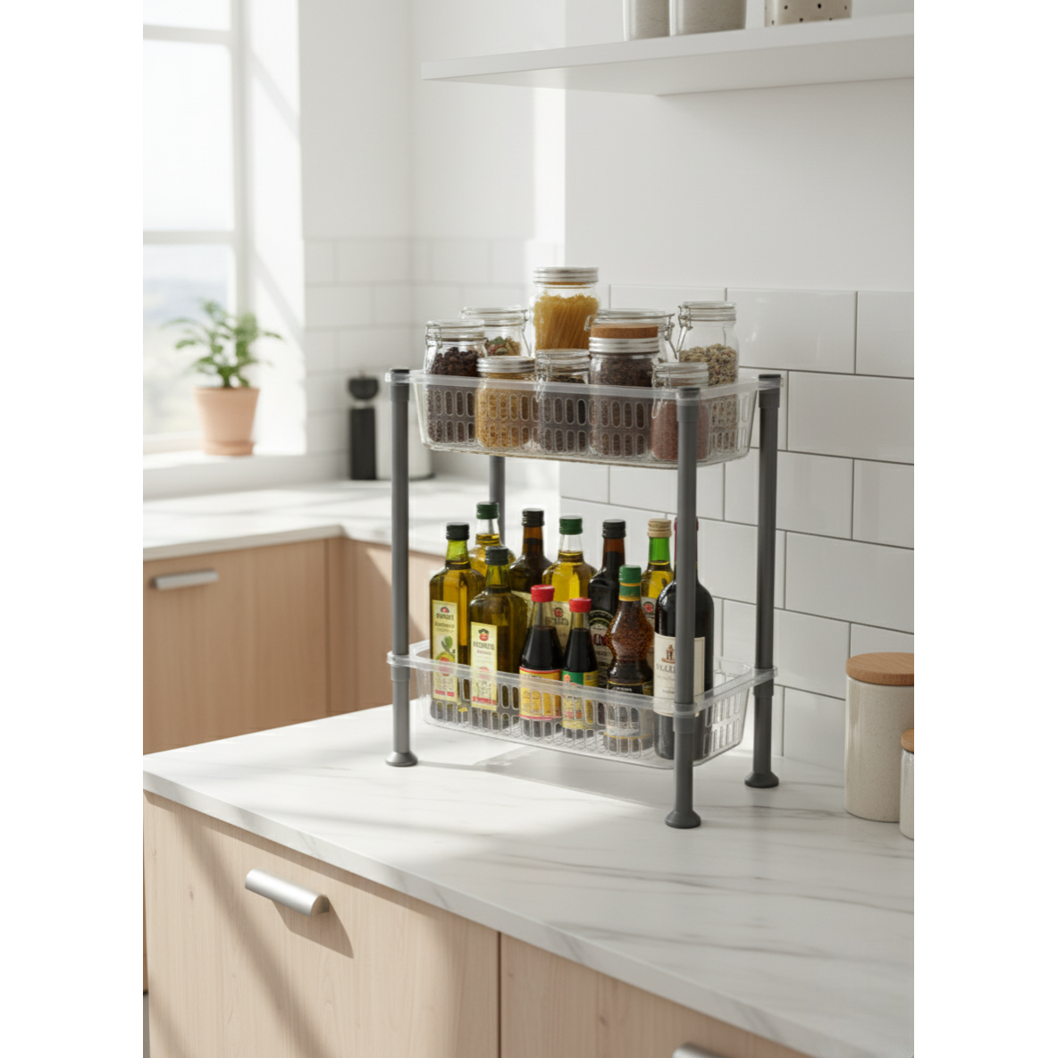 Organizator cu 2 nivele pentru bucatarie/baie Koken, Montaj sub chiuveta, dulap, baie, Raft organizator Slim 19.5x40x45.5 cm, Organizare Bucatarie si Baie, Plastic, Transparent/Gri - 3 | YEO