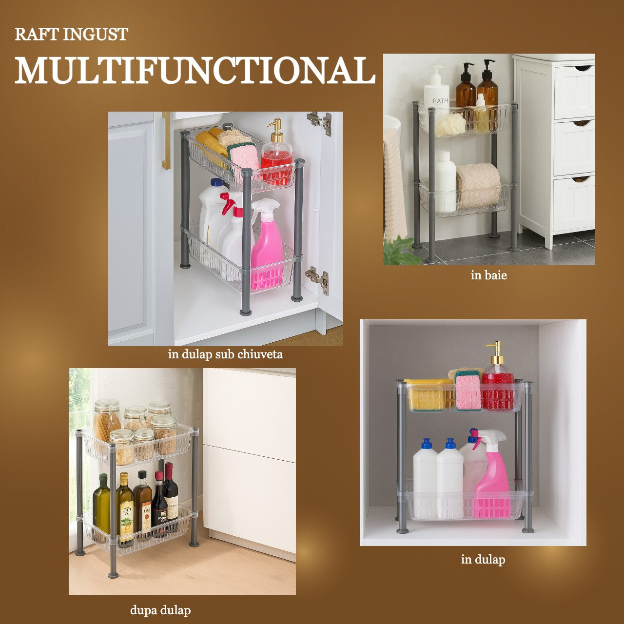 Organizator cu 2 nivele pentru bucatarie/baie Koken, Montaj sub chiuveta, dulap, baie, Raft organizator Slim 19.5x40x45.5 cm, Organizare Bucatarie si Baie, Plastic, Transparent/Gri - 4 | YEO