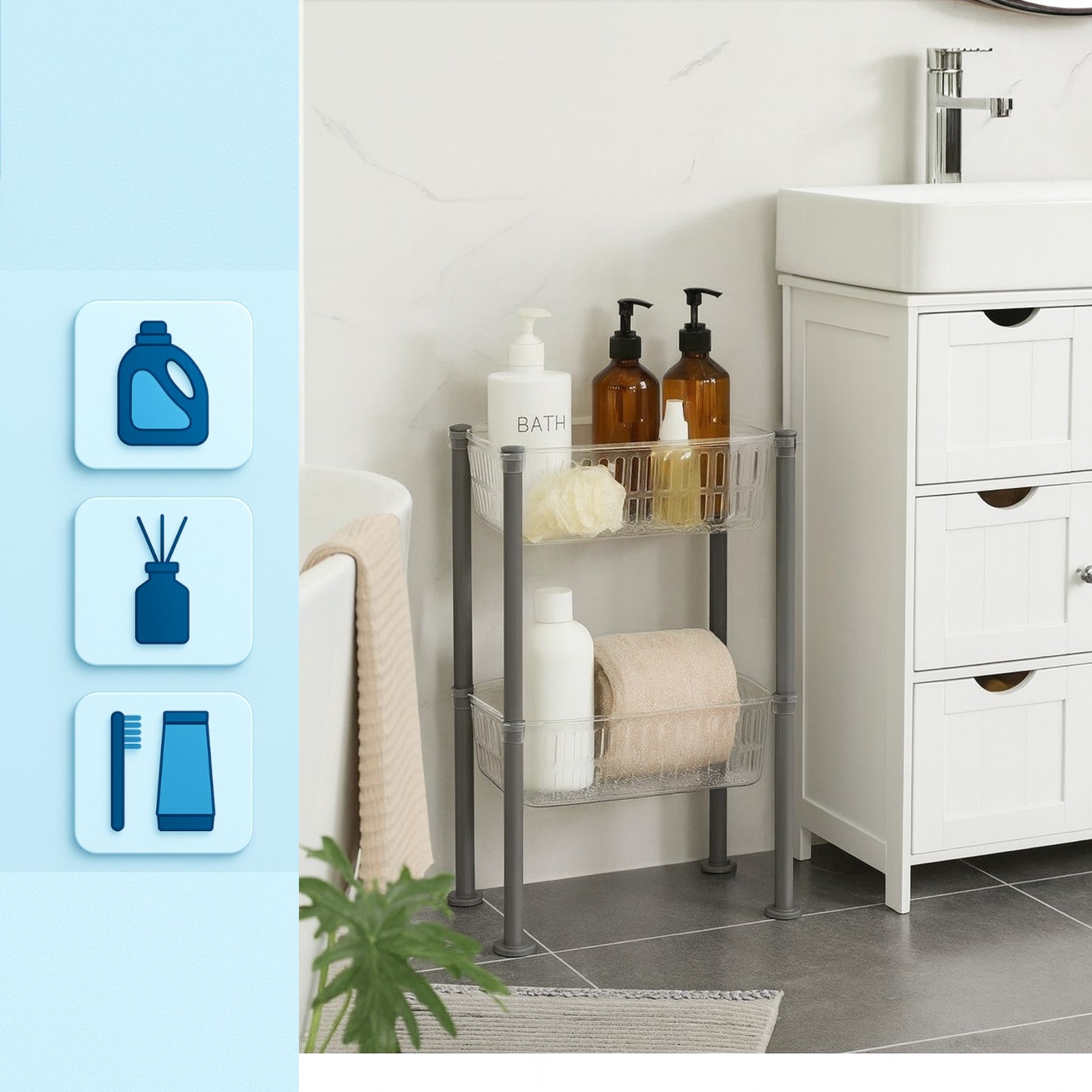 Organizator cu 2 nivele pentru bucatarie/baie Koken, Montaj sub chiuveta, dulap, baie, Raft organizator Slim 19.5x40x45.5 cm, Organizare Bucatarie si Baie, Plastic, Transparent/Gri - 5 | YEO