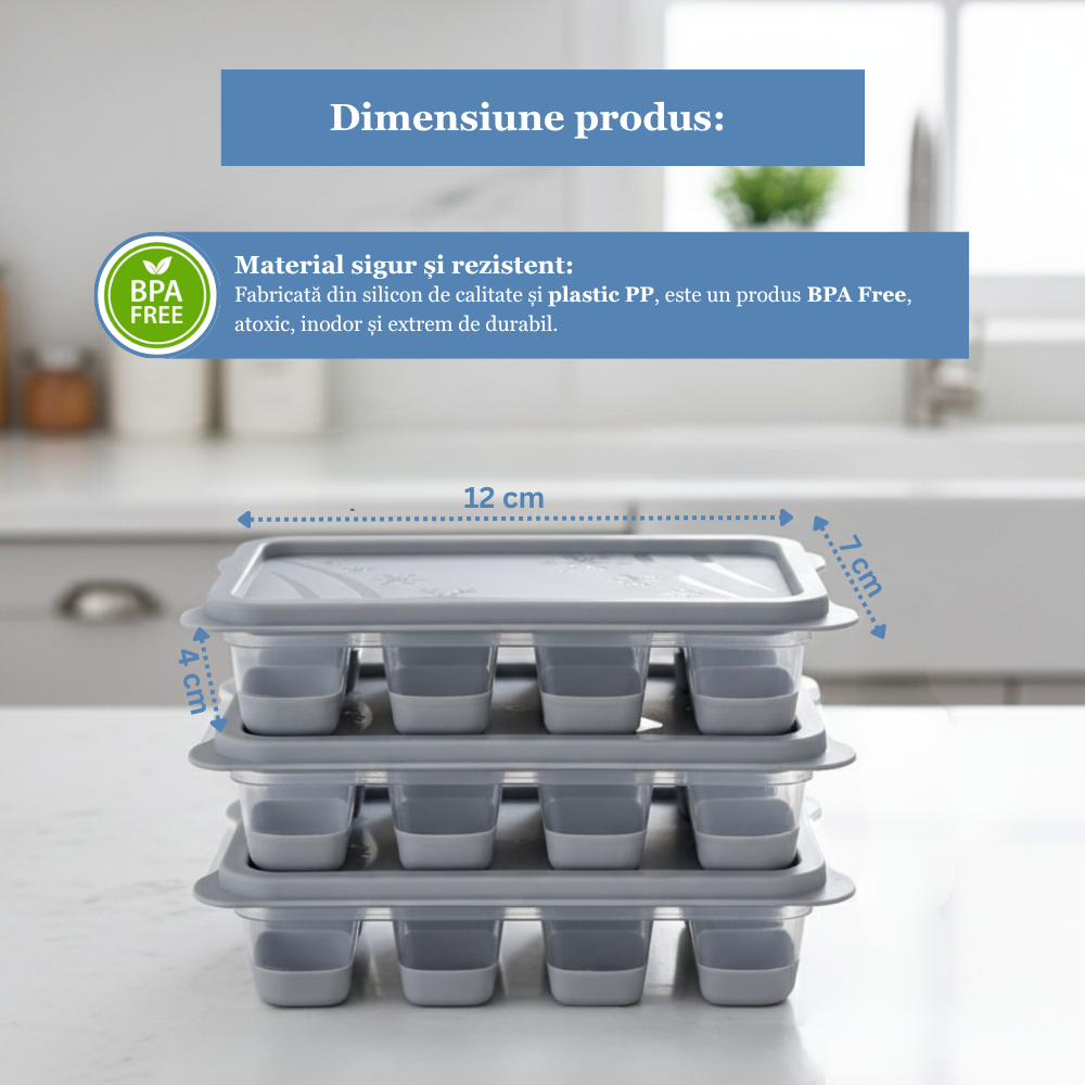 Set 3 Forme Pentru Cuburi De Gheata Koken, Matrita din Plastic PP, Silicon alimentar, 24 cuburi, cu Capac, BPA Free, Gri, 12x7x4 cm - 1 | YEO