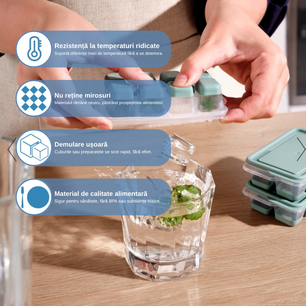 Set 3 Forme Pentru Cuburi De Gheata Koken, Matrita din Plastic PP, Silicon alimentar, 24 cuburi, cu Capac, BPA Free, Gri, 12x7x4 cm - 2 | YEO