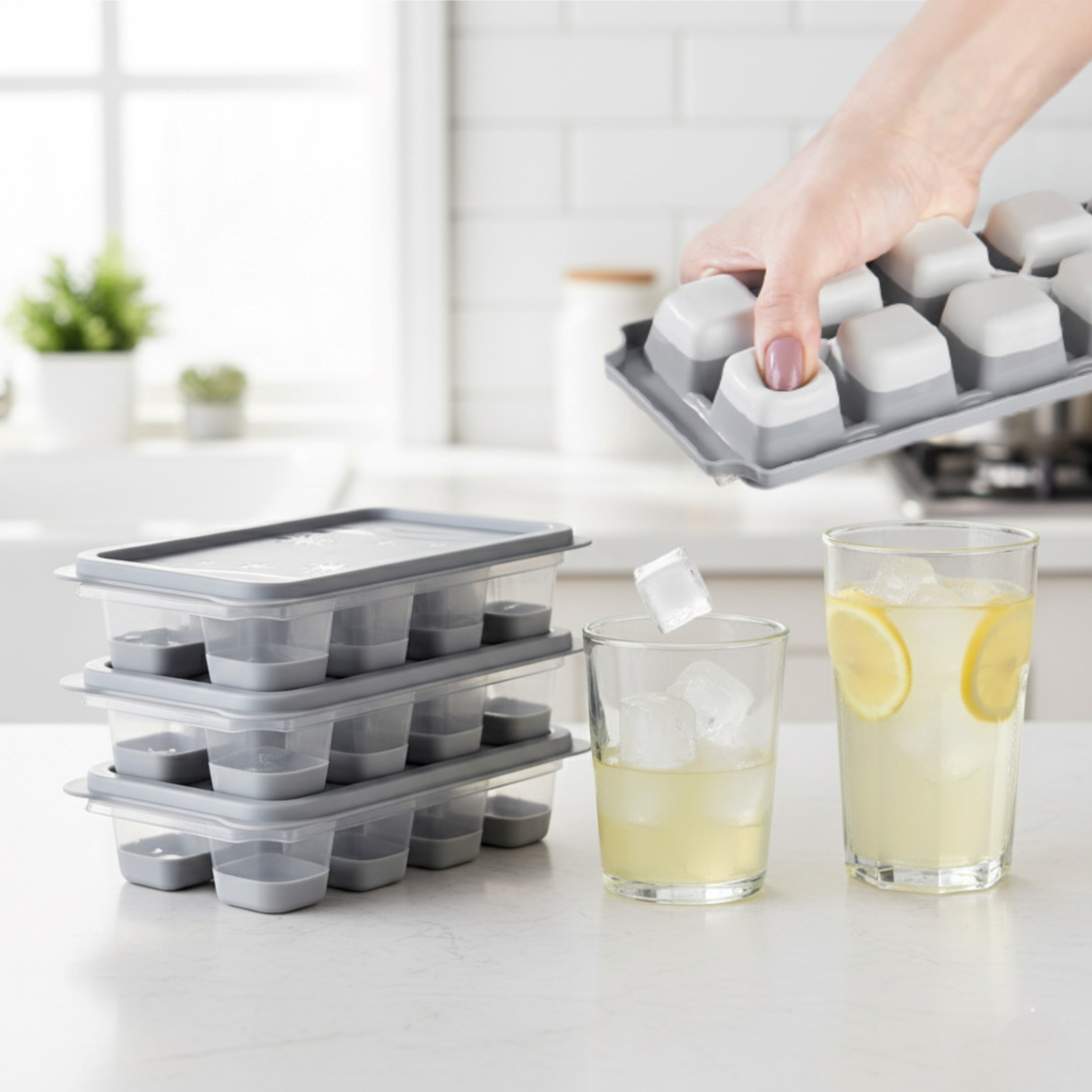 Set 3 Forme Pentru Cuburi De Gheata Koken, Matrita din Plastic PP, Silicon alimentar, 24 cuburi, cu Capac, BPA Free, Gri, 12x7x4 cm - 4 | YEO