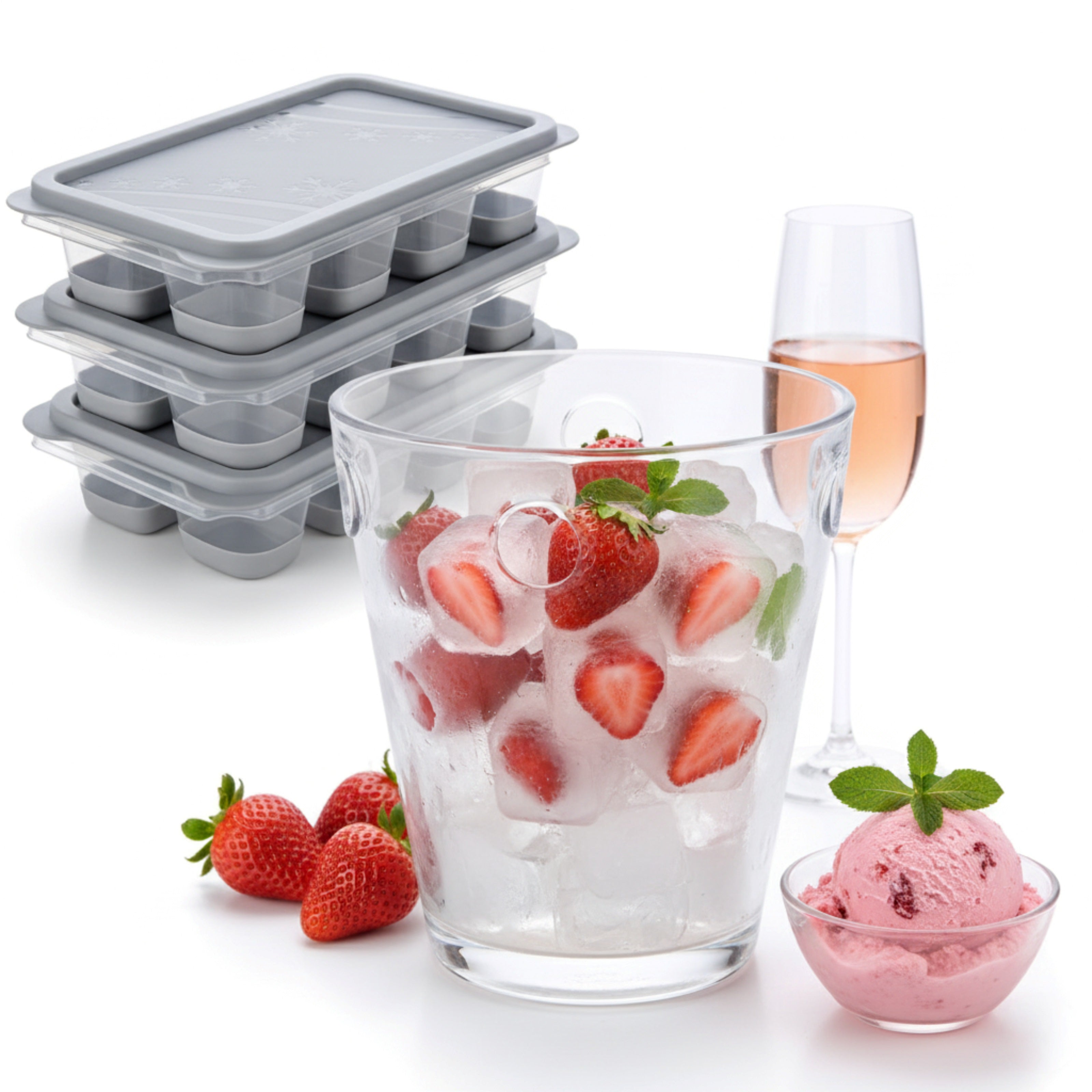 Set 3 Forme Pentru Cuburi De Gheata Koken, Matrita din Plastic PP, Silicon alimentar, 24 cuburi, cu Capac, BPA Free, Gri, 12x7x4 cm - 5 | YEO