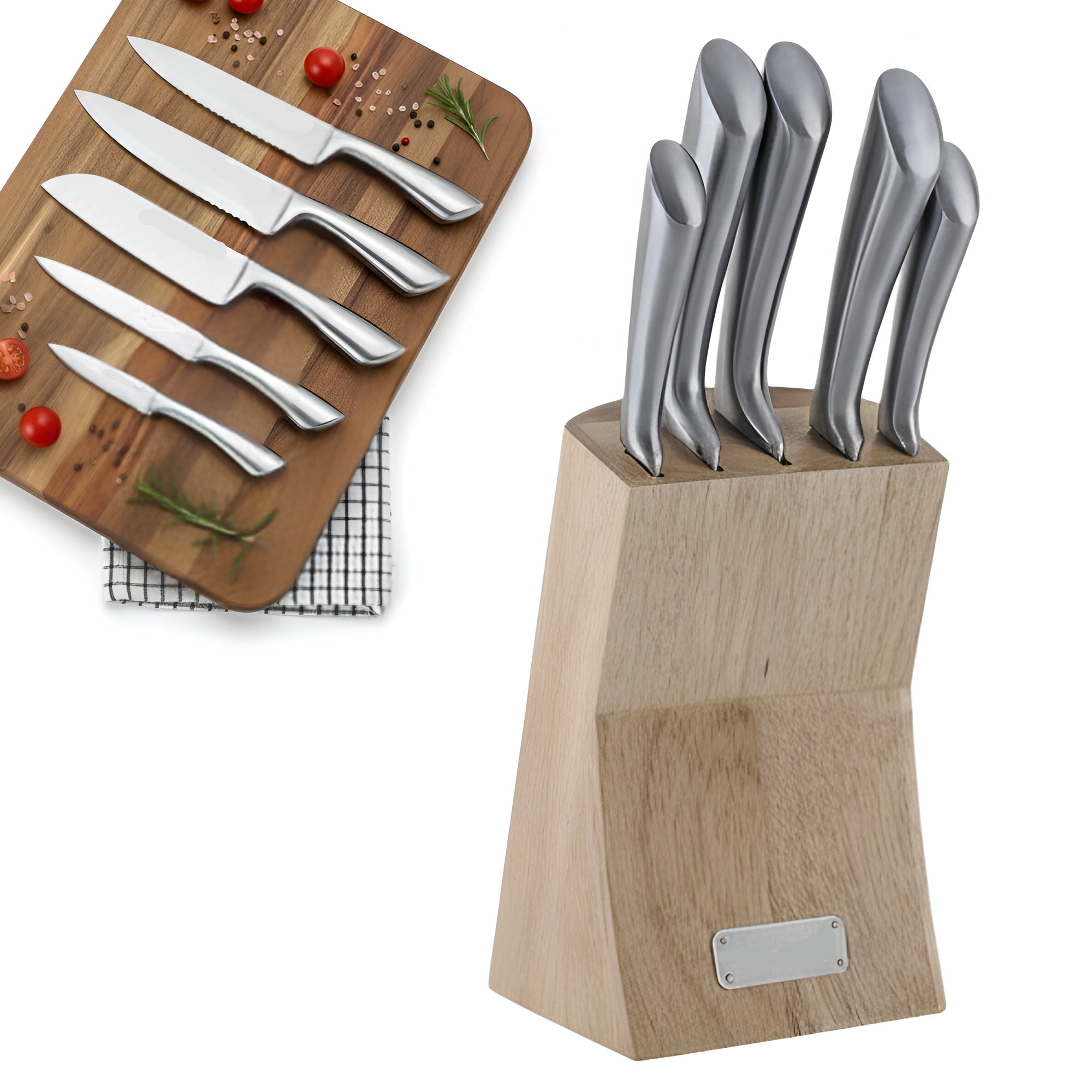 Set Cuțite pentru Bucătărie Koken, 6 Piese din Oțel Inoxidabil cu Suport din lemn, lama ultra-ascutita, 56-58 HRC cu Mânere Ergonomice, rezistente la coroziune