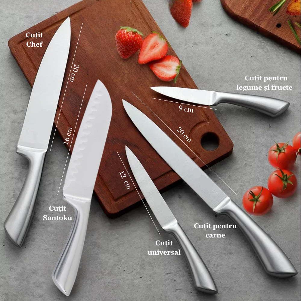Set Cuțite pentru Bucătărie Koken, 6 Piese din Oțel Inoxidabil cu Suport din lemn, lama ultra-ascutita, 56-58 HRC cu Mânere Ergonomice, rezistente la coroziune - 1 | YEO