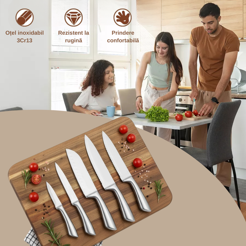 Set Cuțite pentru Bucătărie Koken, 6 Piese din Oțel Inoxidabil cu Suport din lemn, lama ultra-ascutita, 56-58 HRC cu Mânere Ergonomice, rezistente la coroziune - 2 | YEO