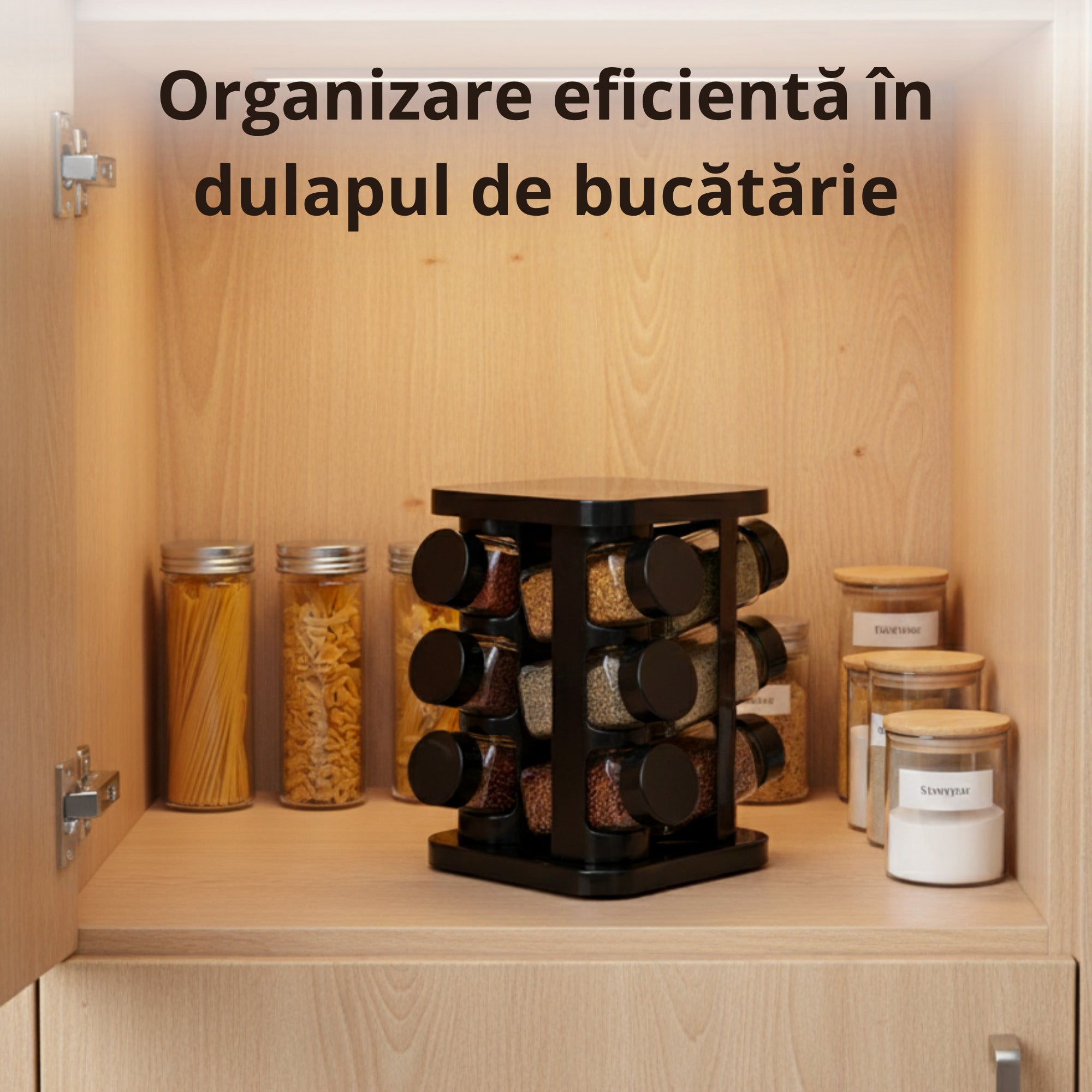 Set 12 recipiente pentru condimente cu suport Koken, sare/piper/paprika, design ergonomic, economisire spatiu, sticla groasa, capace plastic fara BPA, negru - 2 | YEO