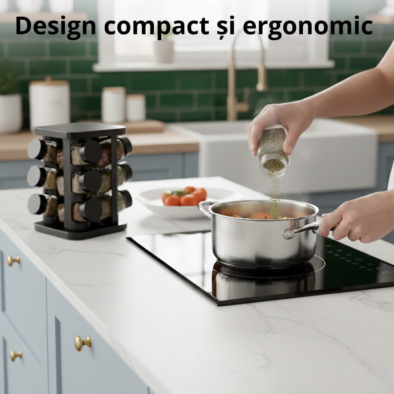 Set 12 recipiente pentru condimente cu suport Koken, sare/piper/paprika, design ergonomic, economisire spatiu, sticla groasa, capace plastic fara BPA, negru - 3 | YEO