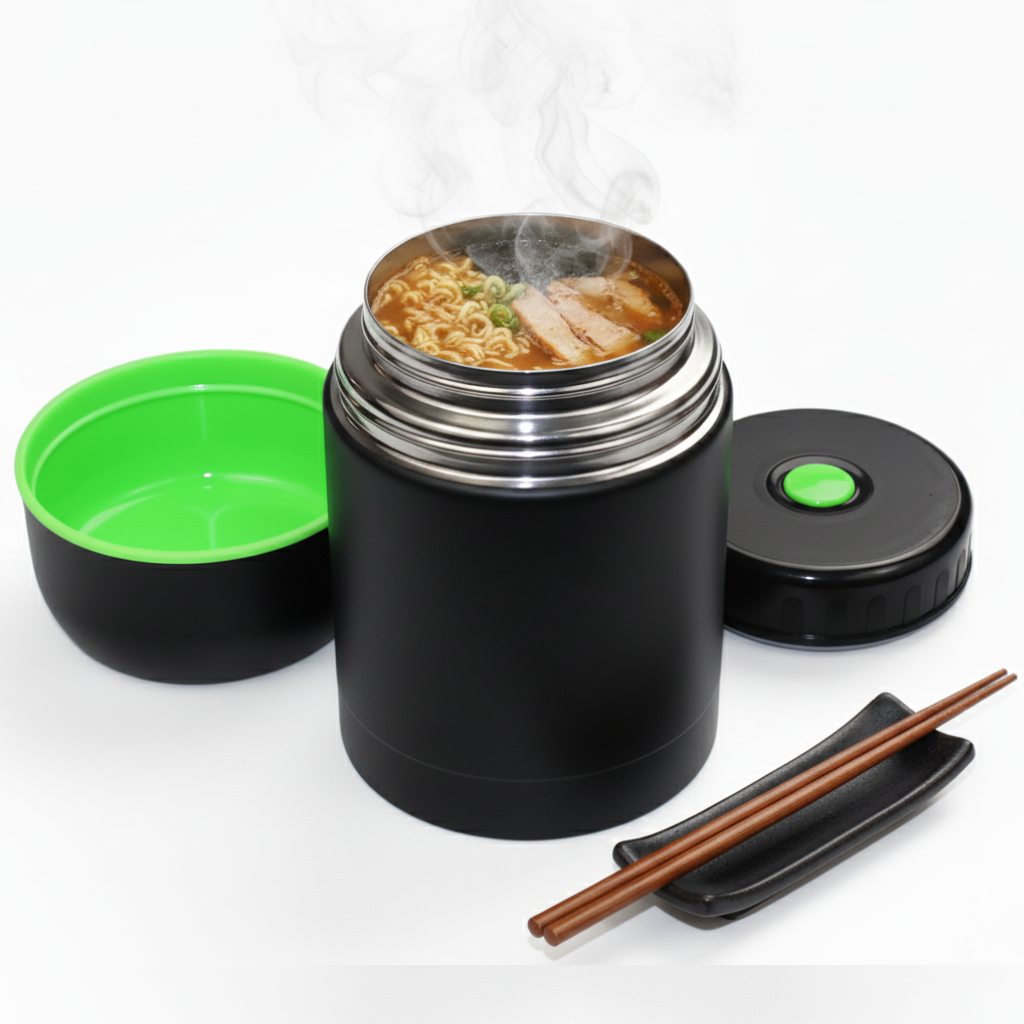 Termos pentru supa/mancare Koken, capacitate 1000ml, perete dublu, inox, 8h mentine rece/fierbinte, supapa presiune, capac bol, 22x10 cm, Negru