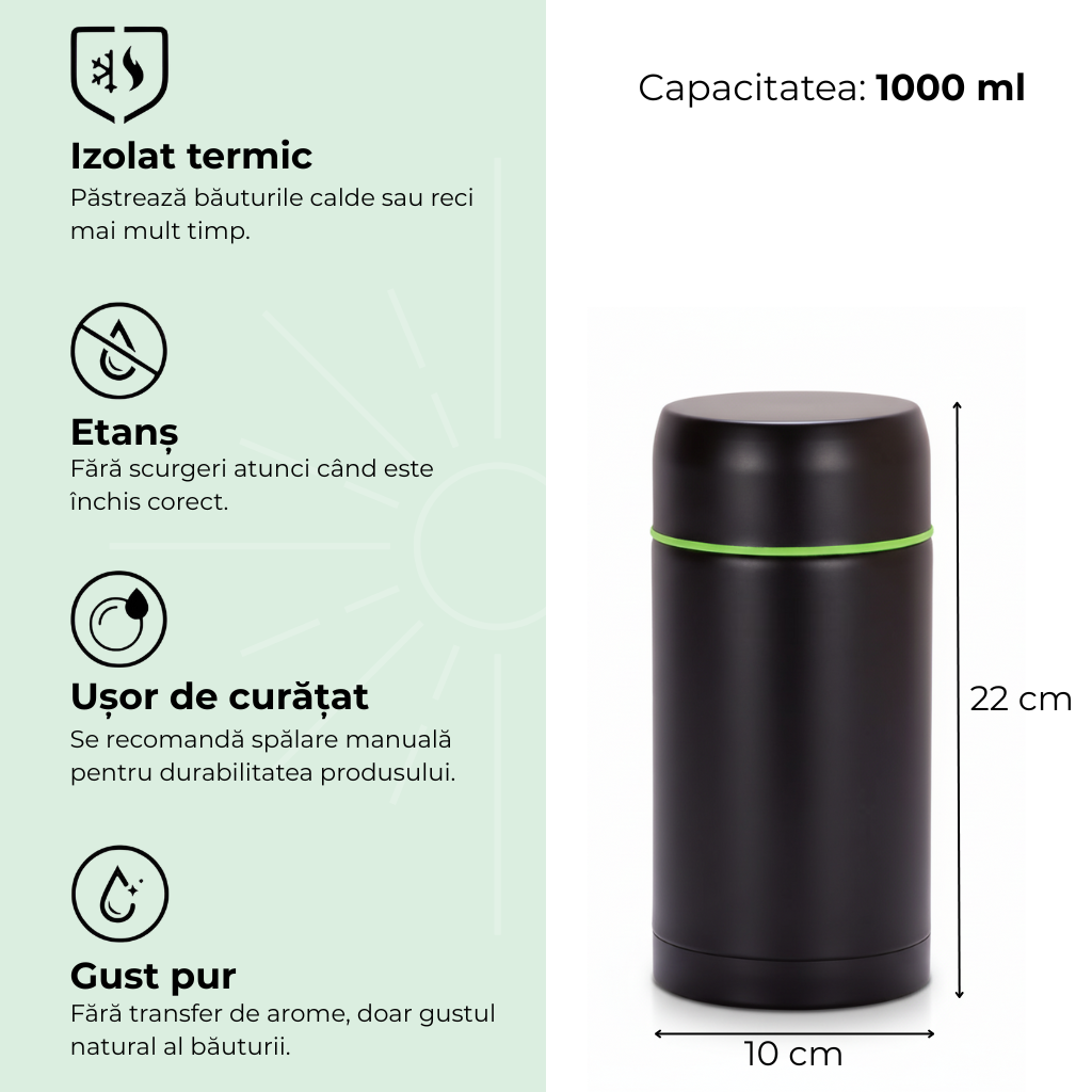 Termos pentru supa/mancare Koken, capacitate 1000ml, perete dublu, inox, 8h mentine rece/fierbinte, supapa presiune, capac bol, 22x10 cm, Negru - 2 | YEO